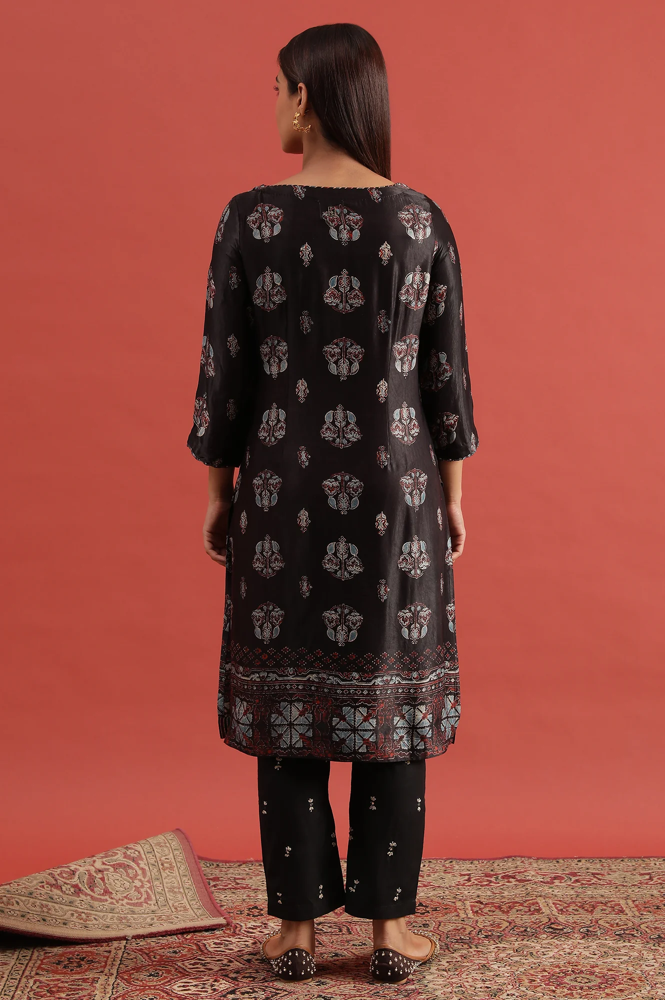 Dark Brown Ajrakh Print Kurta In Modal Satin - Image 4