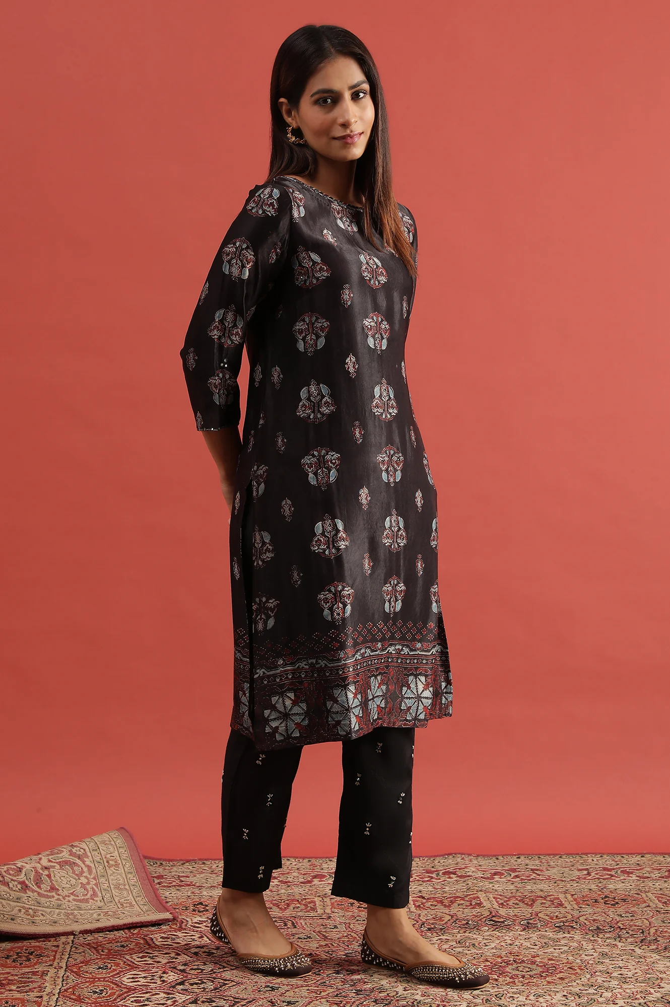 Dark Brown Ajrakh Print Kurta In Modal Satin - Image 5