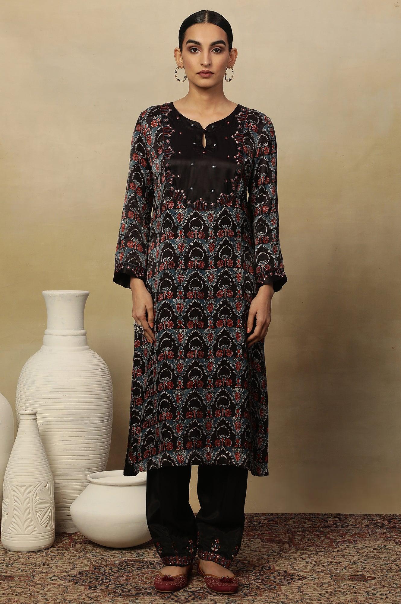 Dark Brown Ajrakh Printed Kurta In Lustrous Satin - Image 2