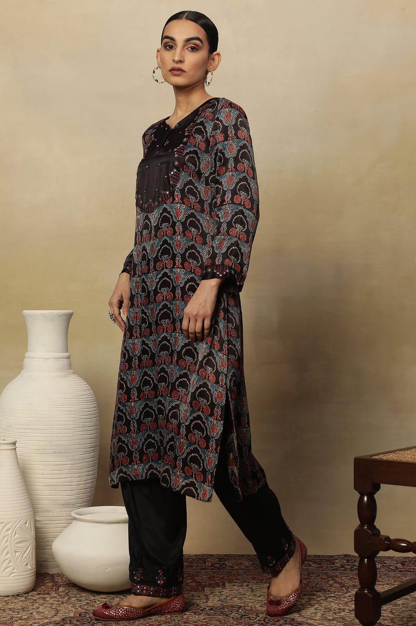 Dark Brown Ajrakh Printed Kurta In Lustrous Satin - Image 3