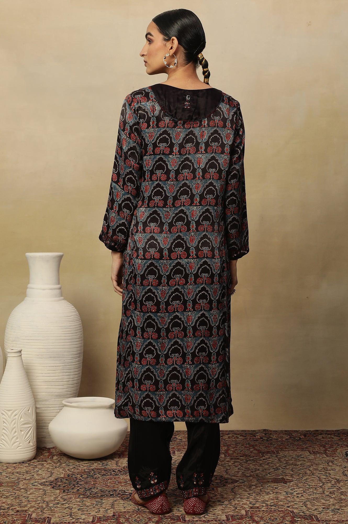 Dark Brown Ajrakh Printed Kurta In Lustrous Satin - Image 4