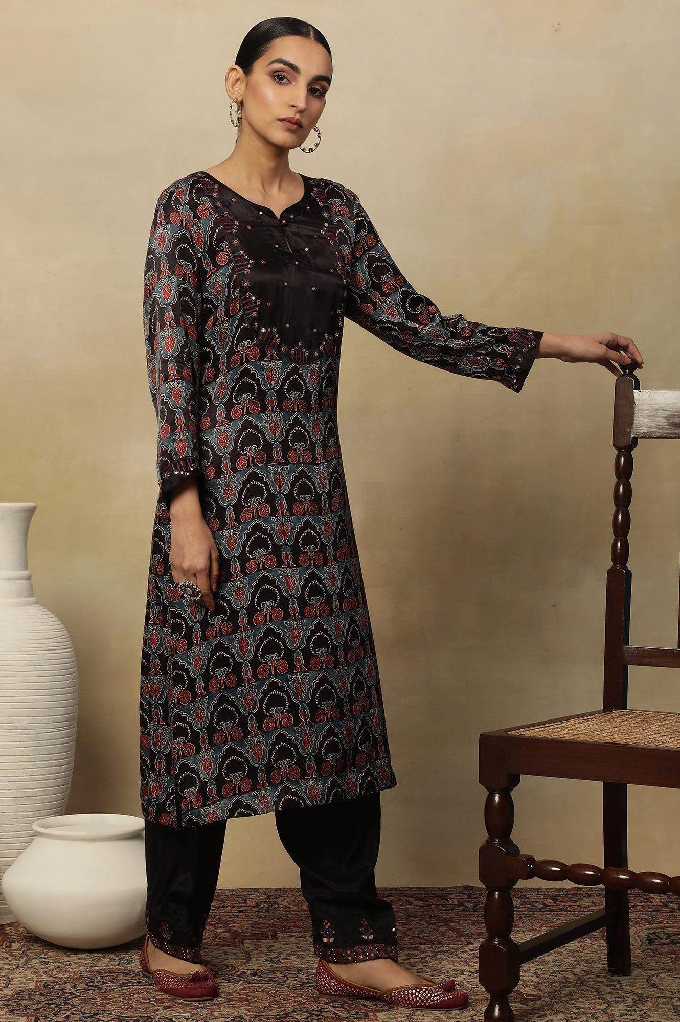 Dark Brown Ajrakh Printed Kurta In Lustrous Satin - Image 5