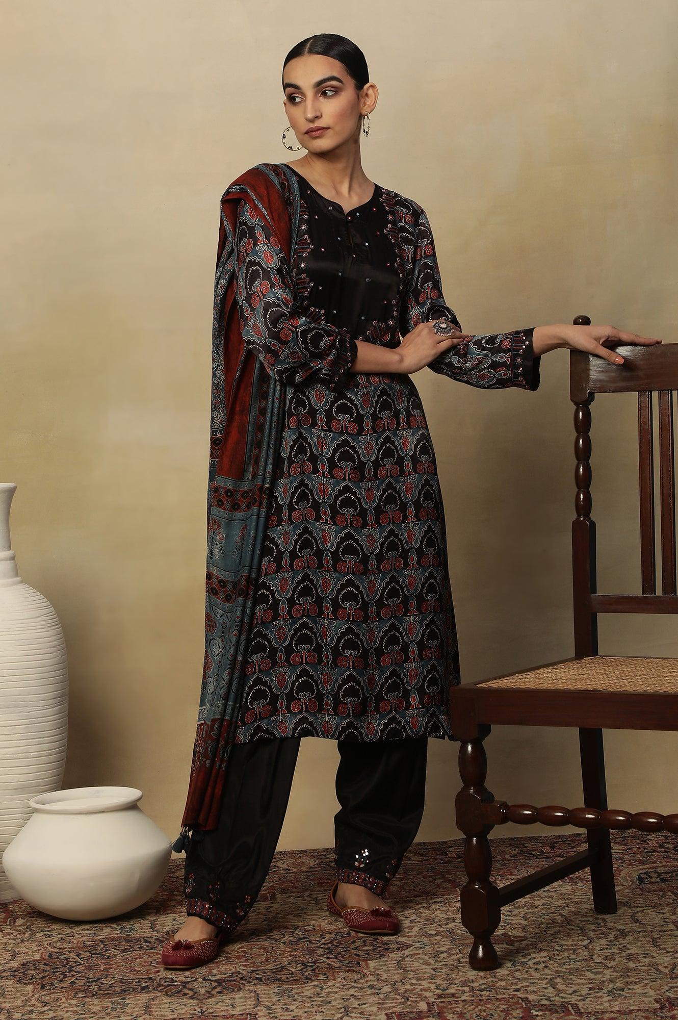 Dark Brown Ajrakh Printed Kurta In Lustrous Satin - Image 7
