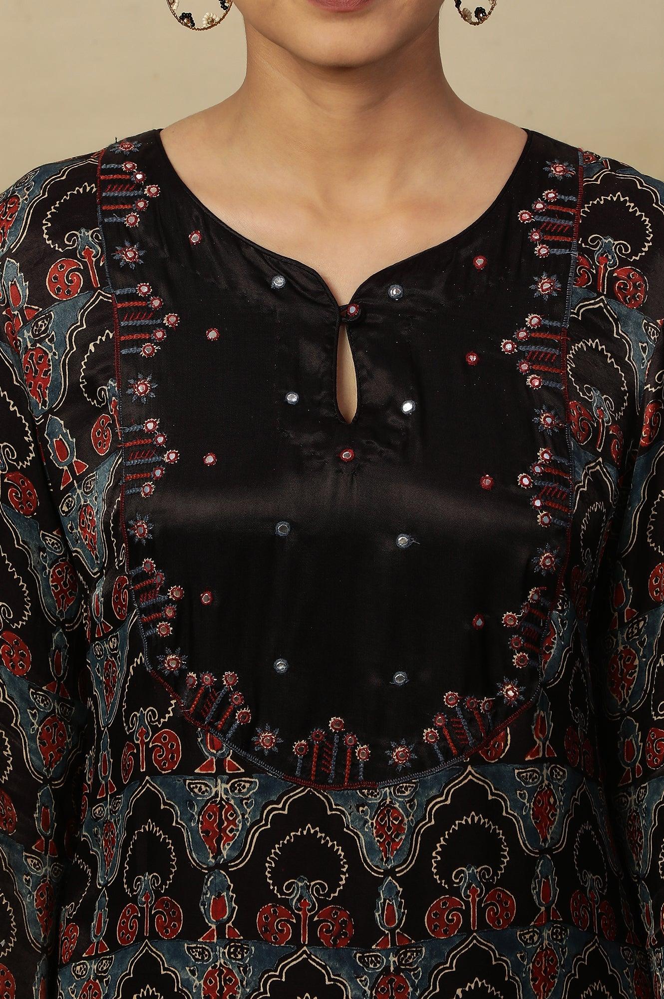 Dark Brown Ajrakh Printed Kurta In Lustrous Satin - Image 8