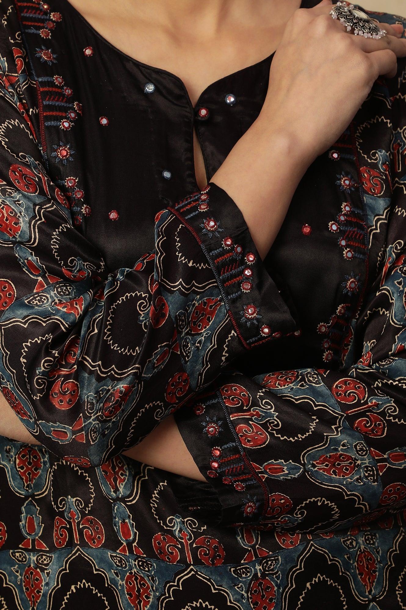 Dark Brown Ajrakh Printed Kurta In Lustrous Satin - Image 9