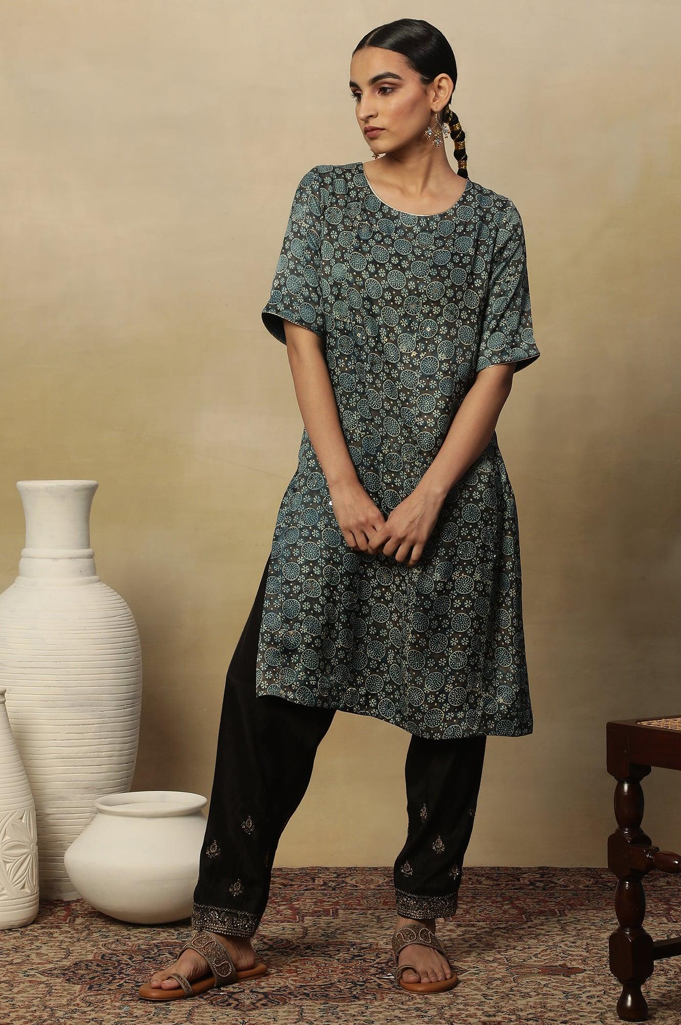Dark Brown And Teal Ajrakh Print Kurta In Modal Satin - Image 2