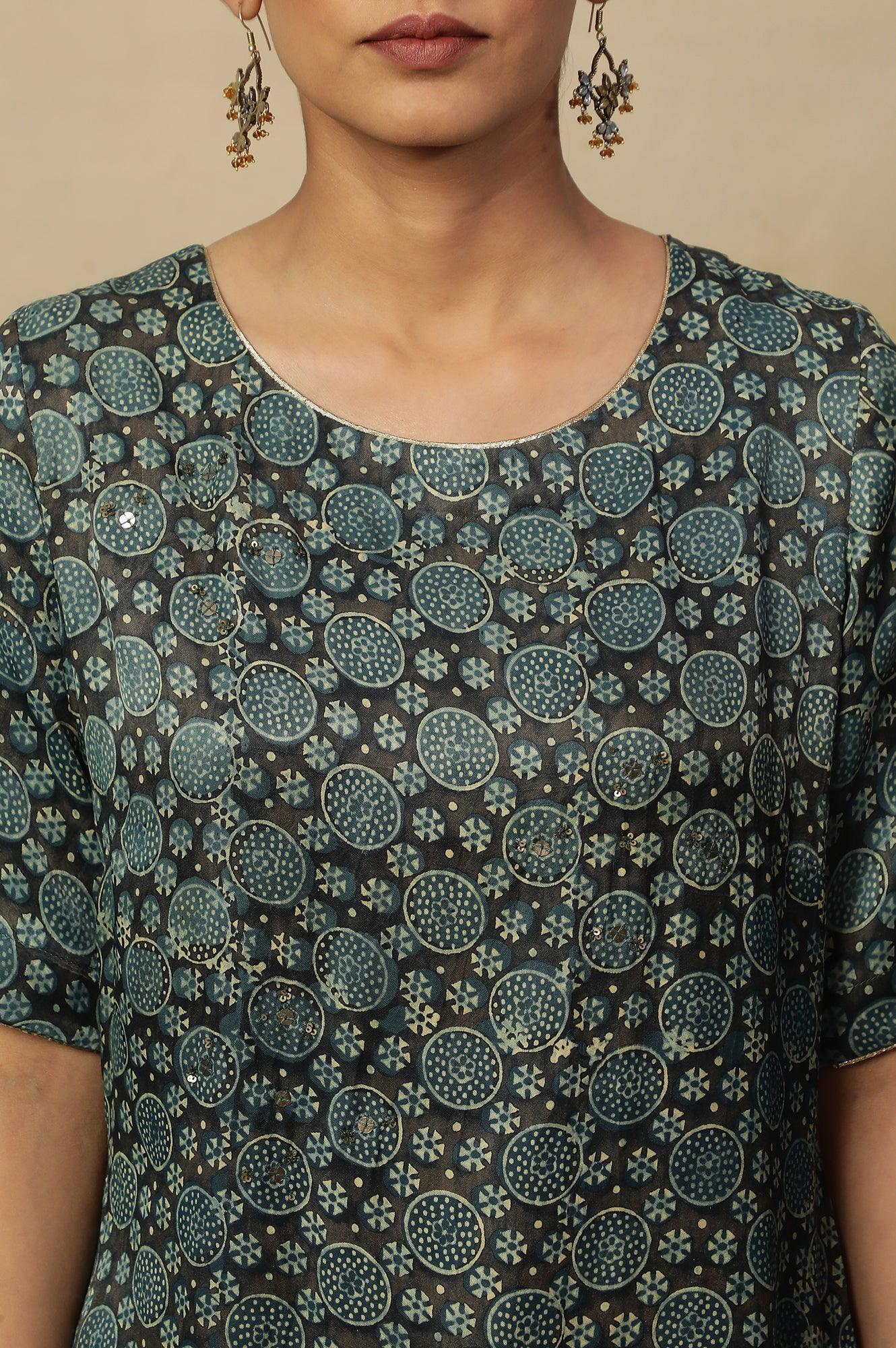 Dark Brown And Teal Ajrakh Print Kurta In Modal Satin - Image 7