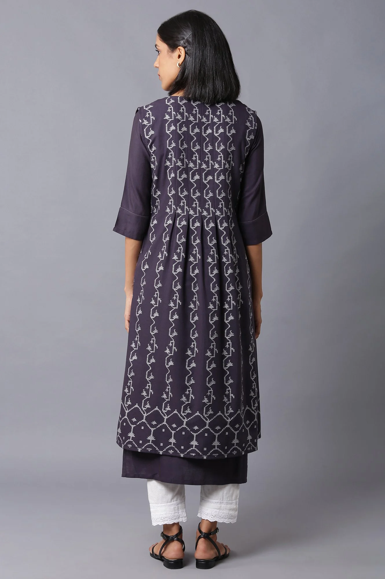 Dark Brown Box Pleated Jacket With Straight Solid kurta - Image 2