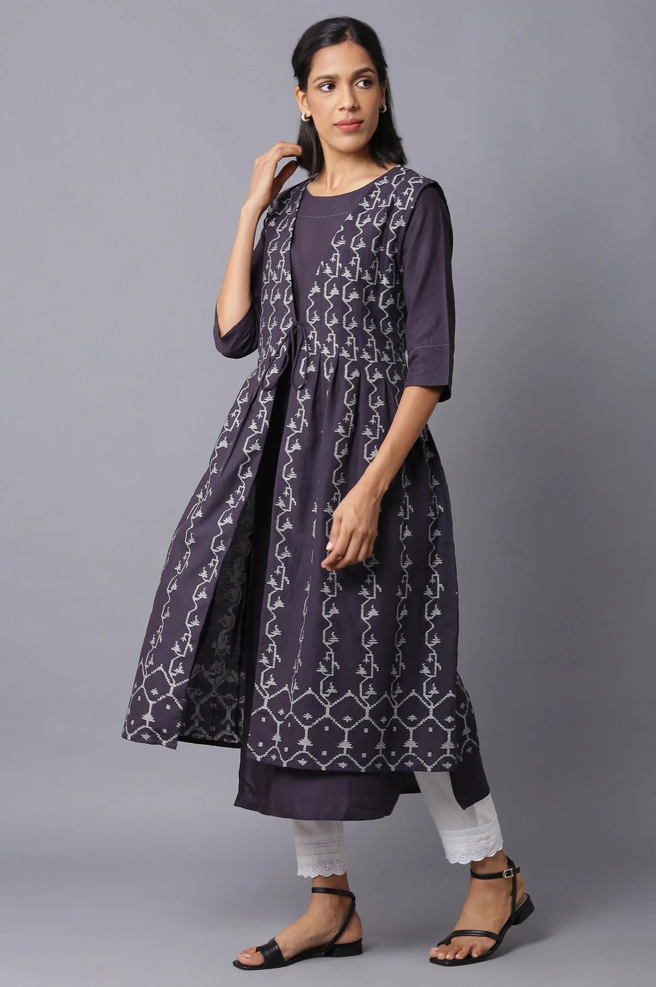 Dark Brown Box Pleated Jacket With Straight Solid kurta - Image 3