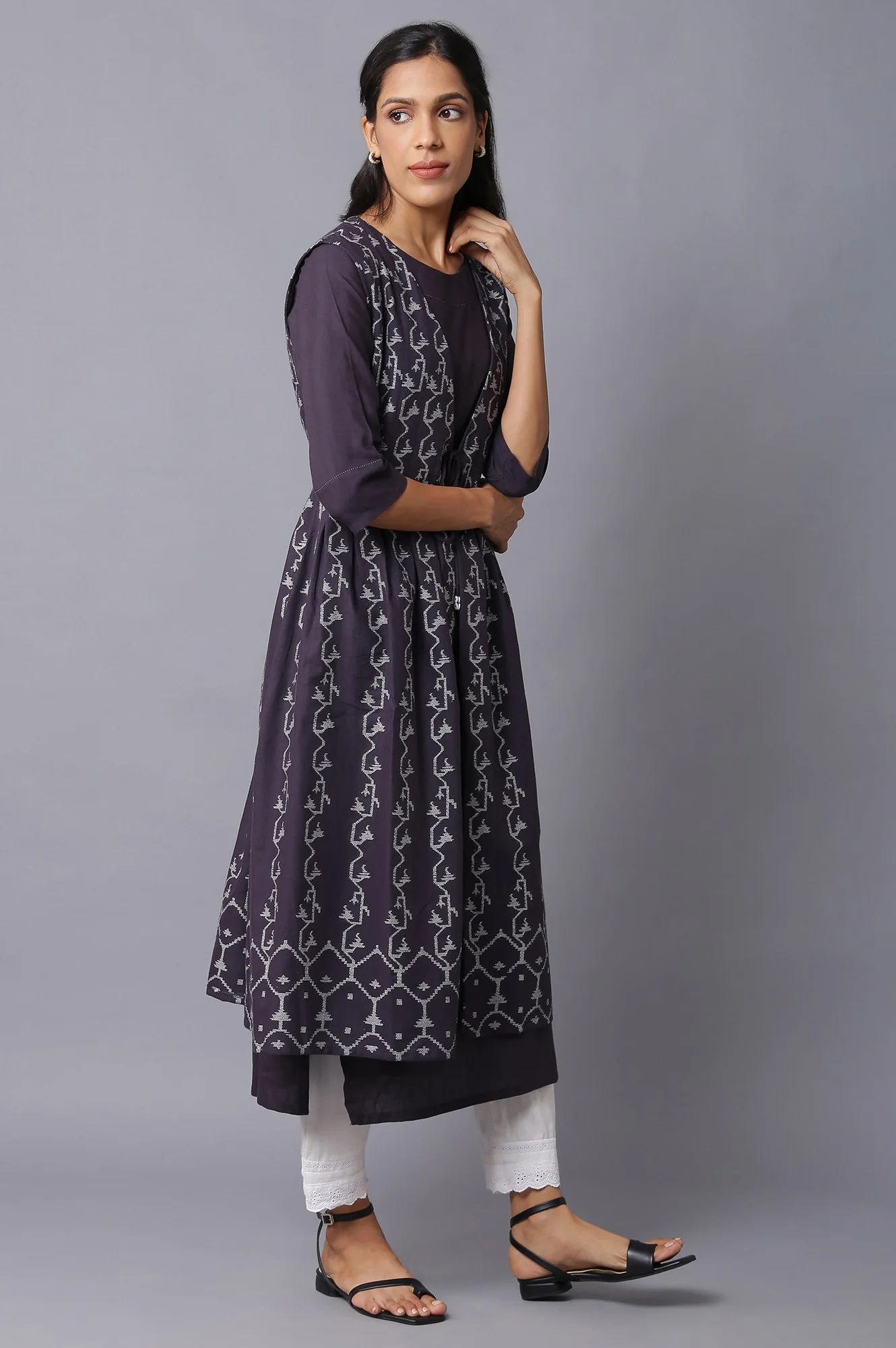 Dark Brown Box Pleated Jacket With Straight Solid kurta - Image 4