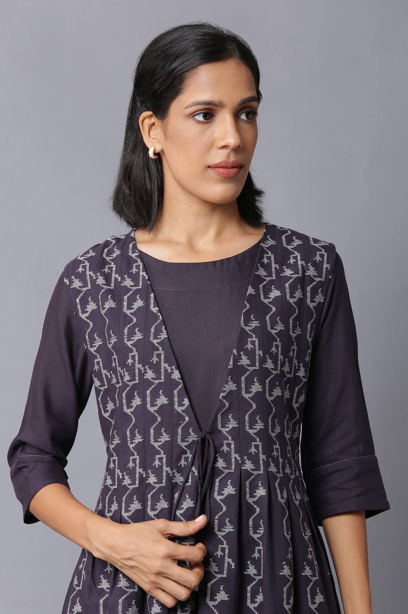 Dark Brown Box Pleated Jacket With Straight Solid kurta - Image 5