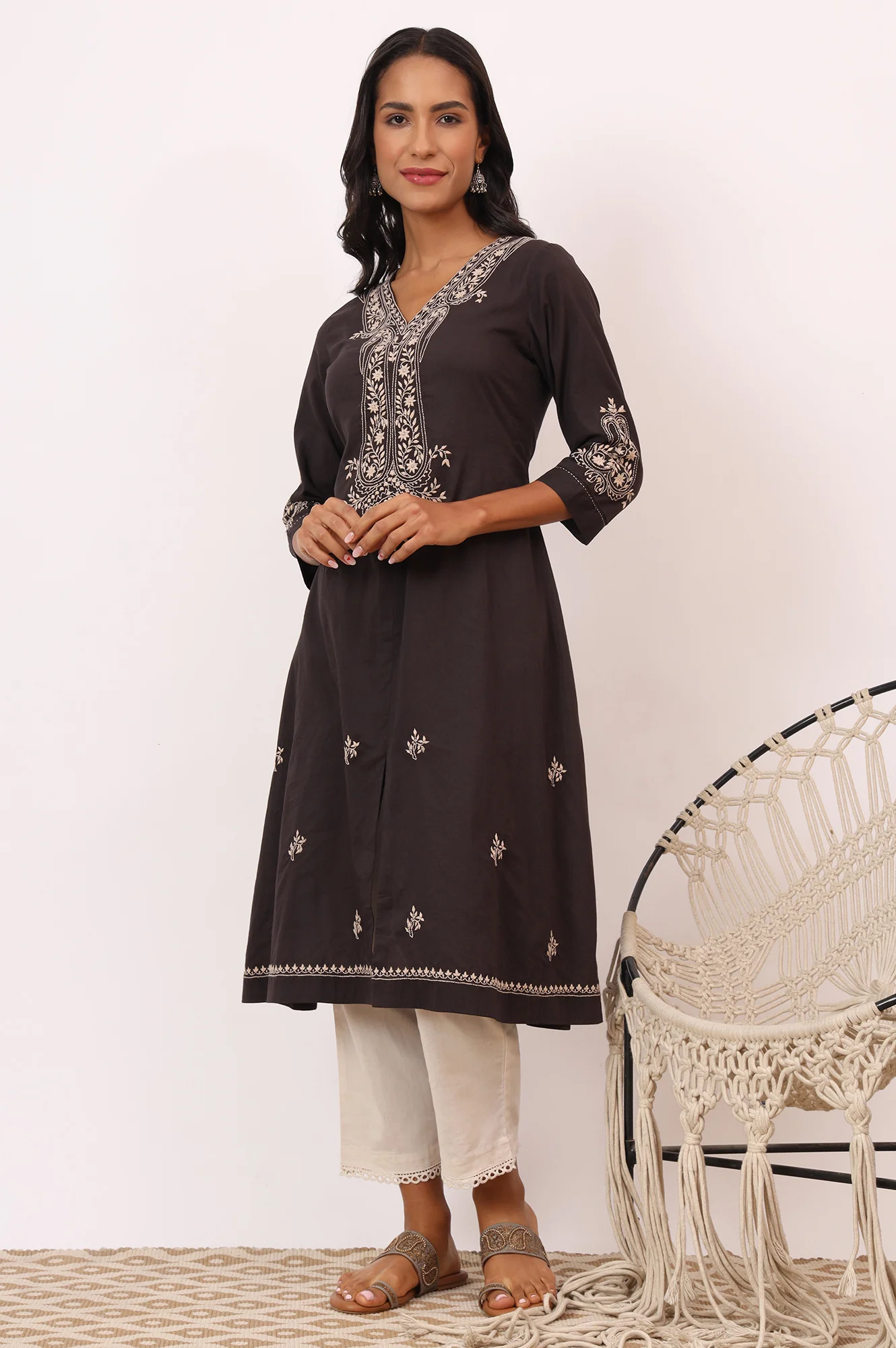 Dark Brown Chikankari Kurta in Soft Voile - Image 3