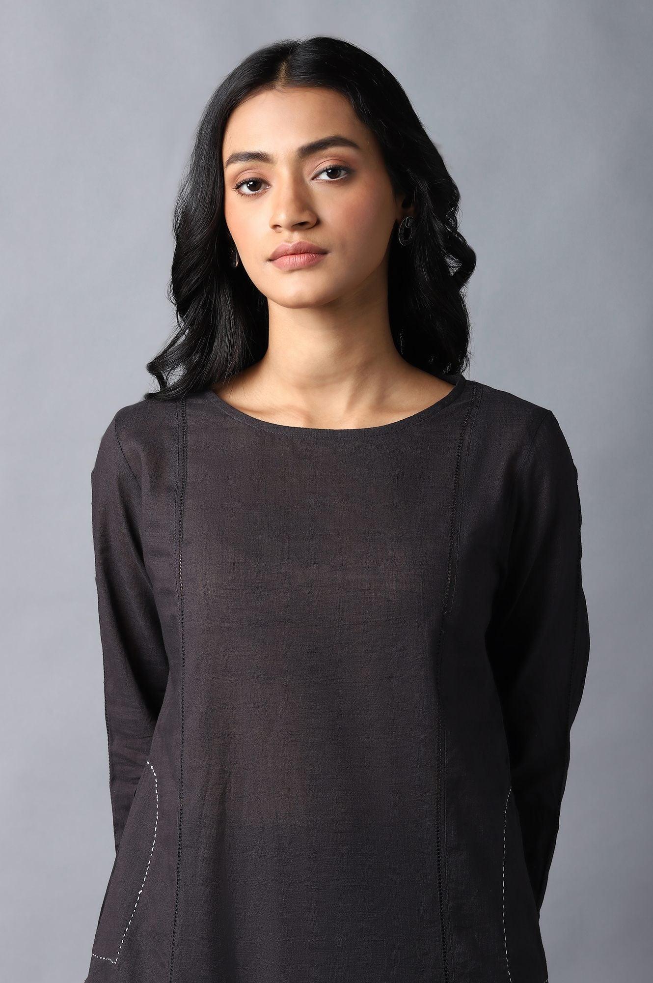 Dark Brown Classic A-Line kurta With Kantha In Round Neck - Image 5