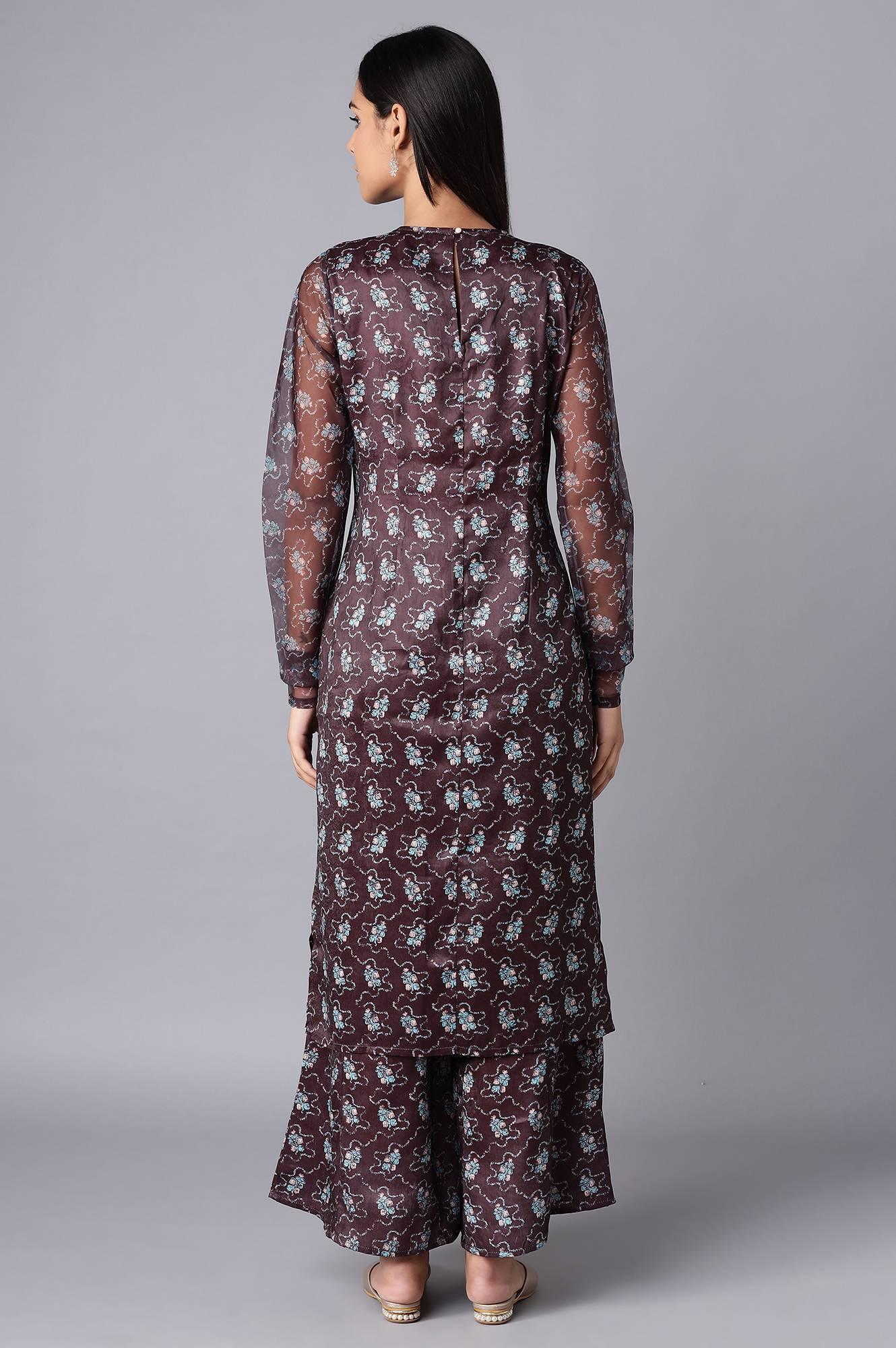 Dark Brown kurta-Flared Pant Set - Image 2