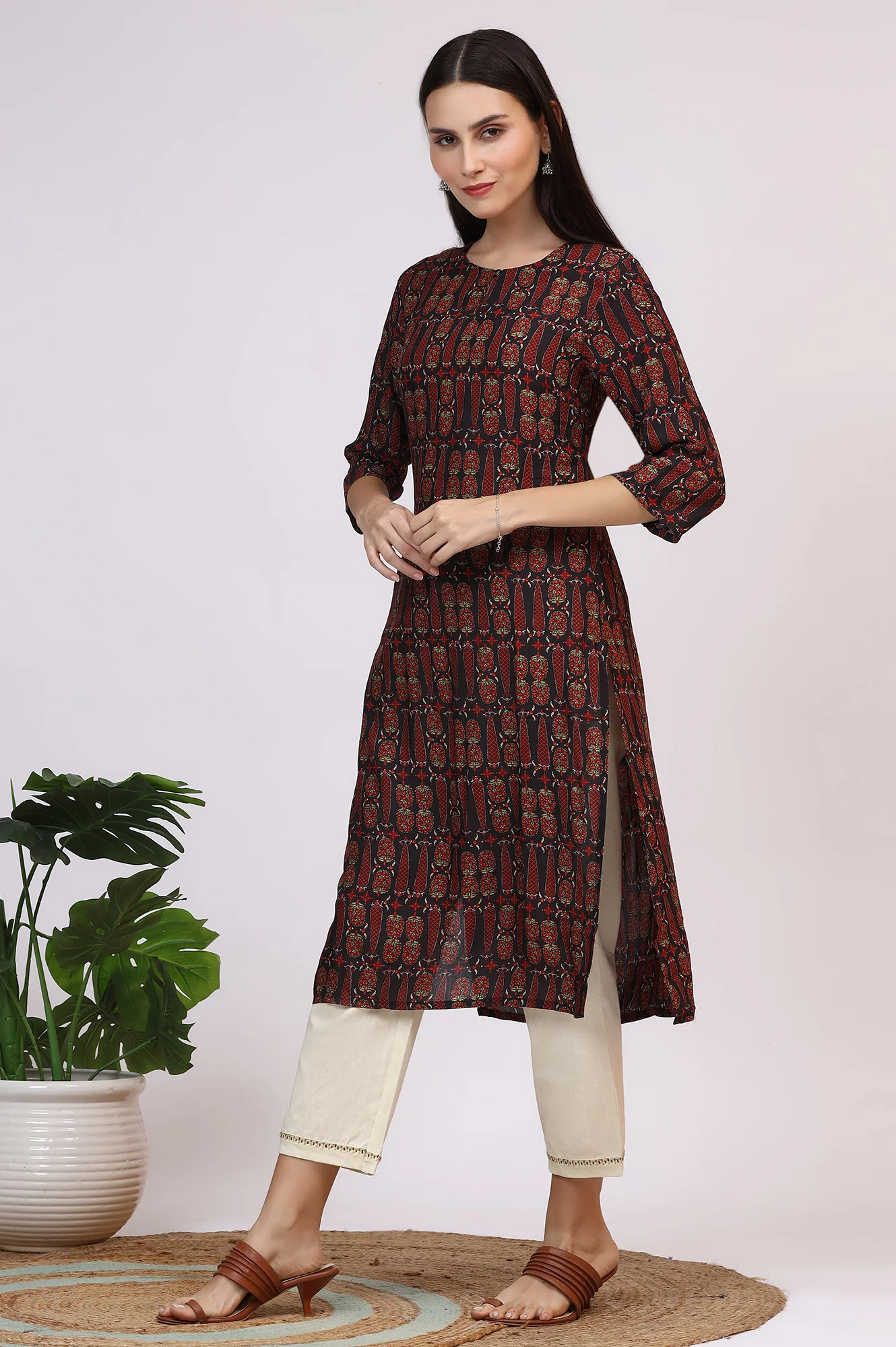 Dark Brown Paisley Printed Modal Straight Kurta - Image 6