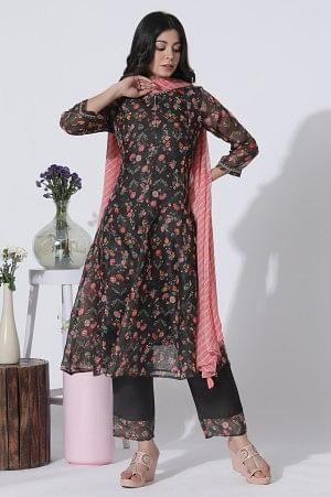 Dark Brown Panelled Printed Kota Kurta, Pants And Dupatta Set - Image 2