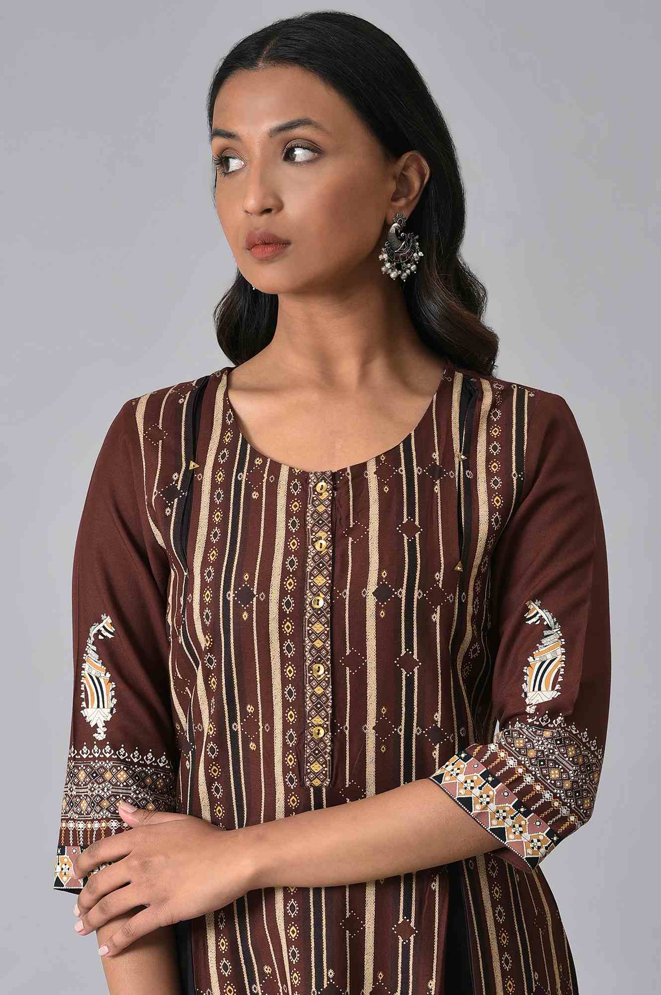 Dark Brown Printed Coins Rayon A-Line Kurta and Parallel Pant Set - Image 2