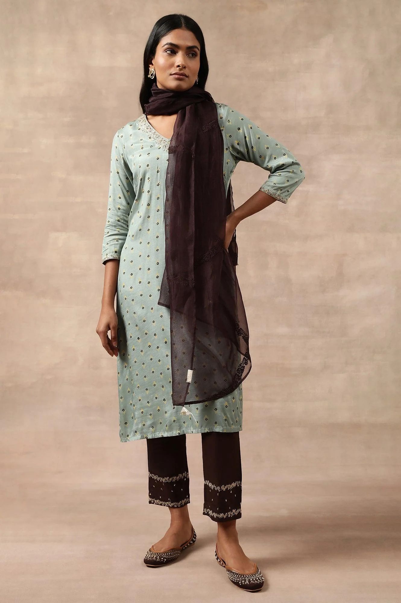 Dark Brown Silk Organza Embroidered Drape - Image 2