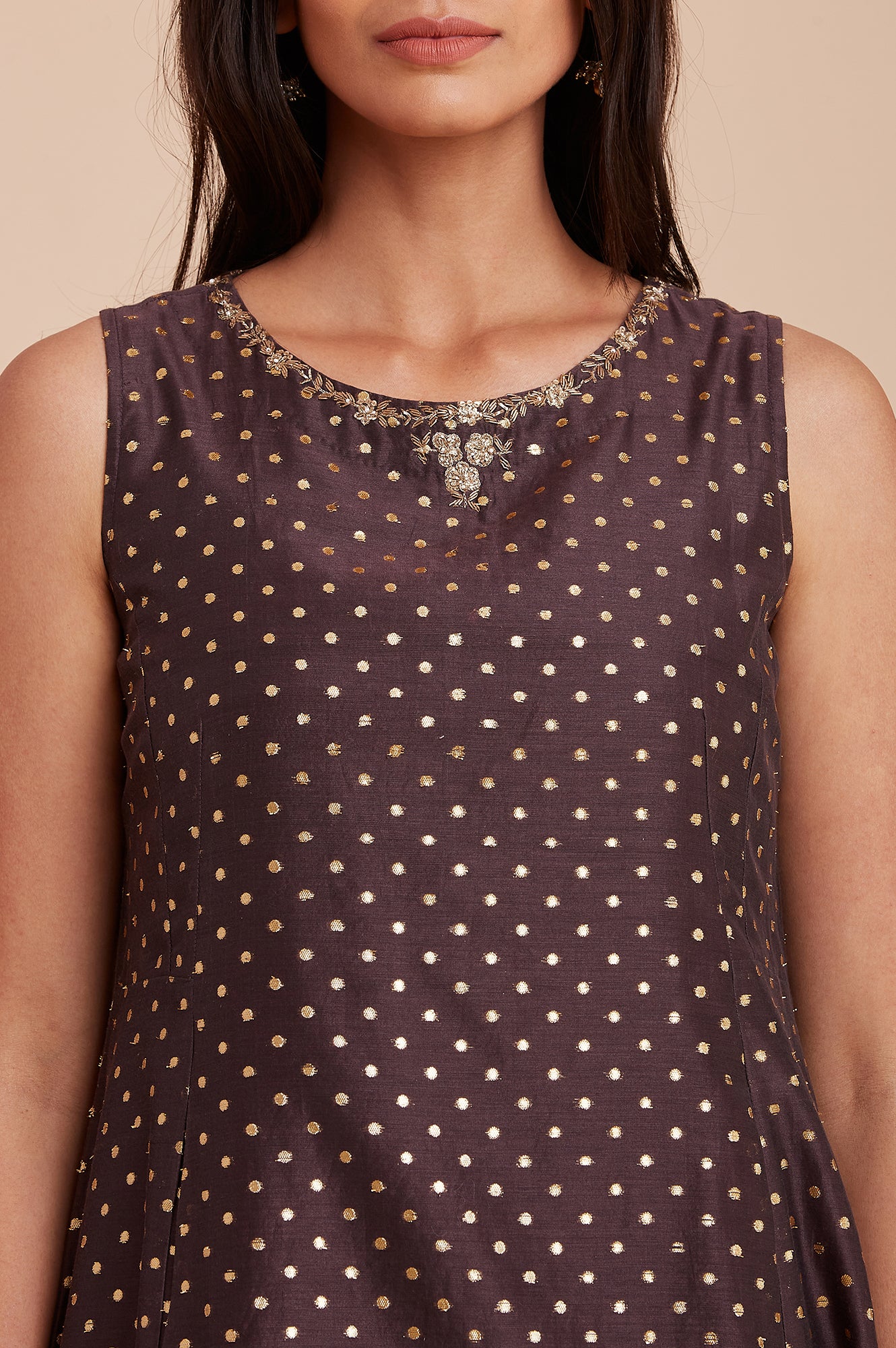 Dark Brown Sleeveless Jacquard kurta - Image 6