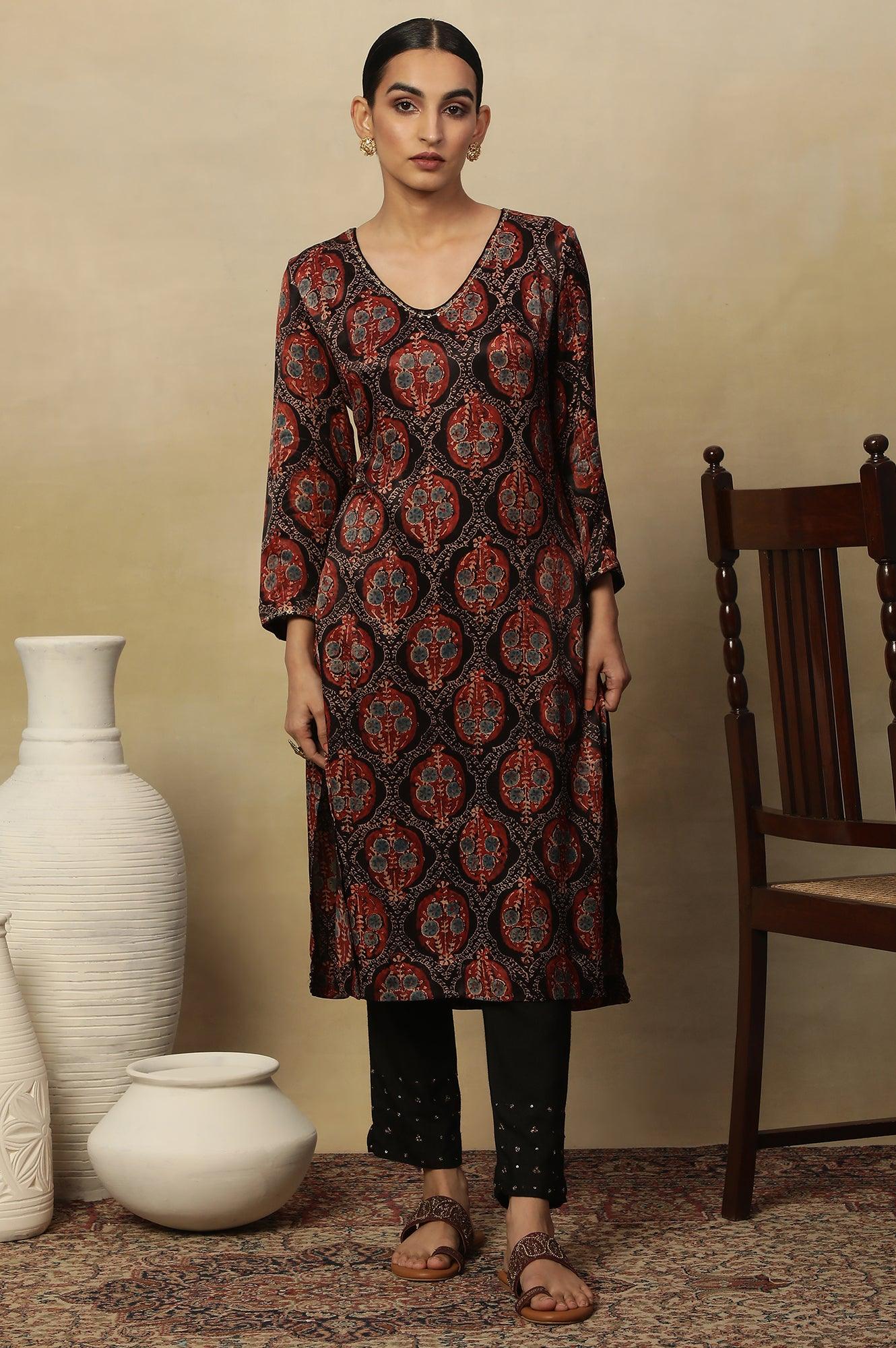 Dark Brown V-Neck Kurta Multi-Coloured Ajrakh Print - Image 2