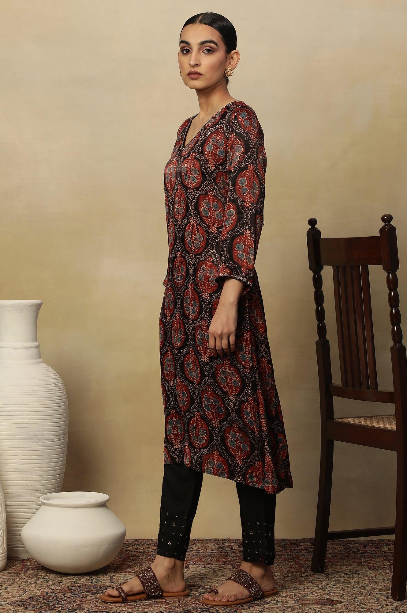 Dark Brown V-Neck Kurta Multi-Coloured Ajrakh Print - Image 3