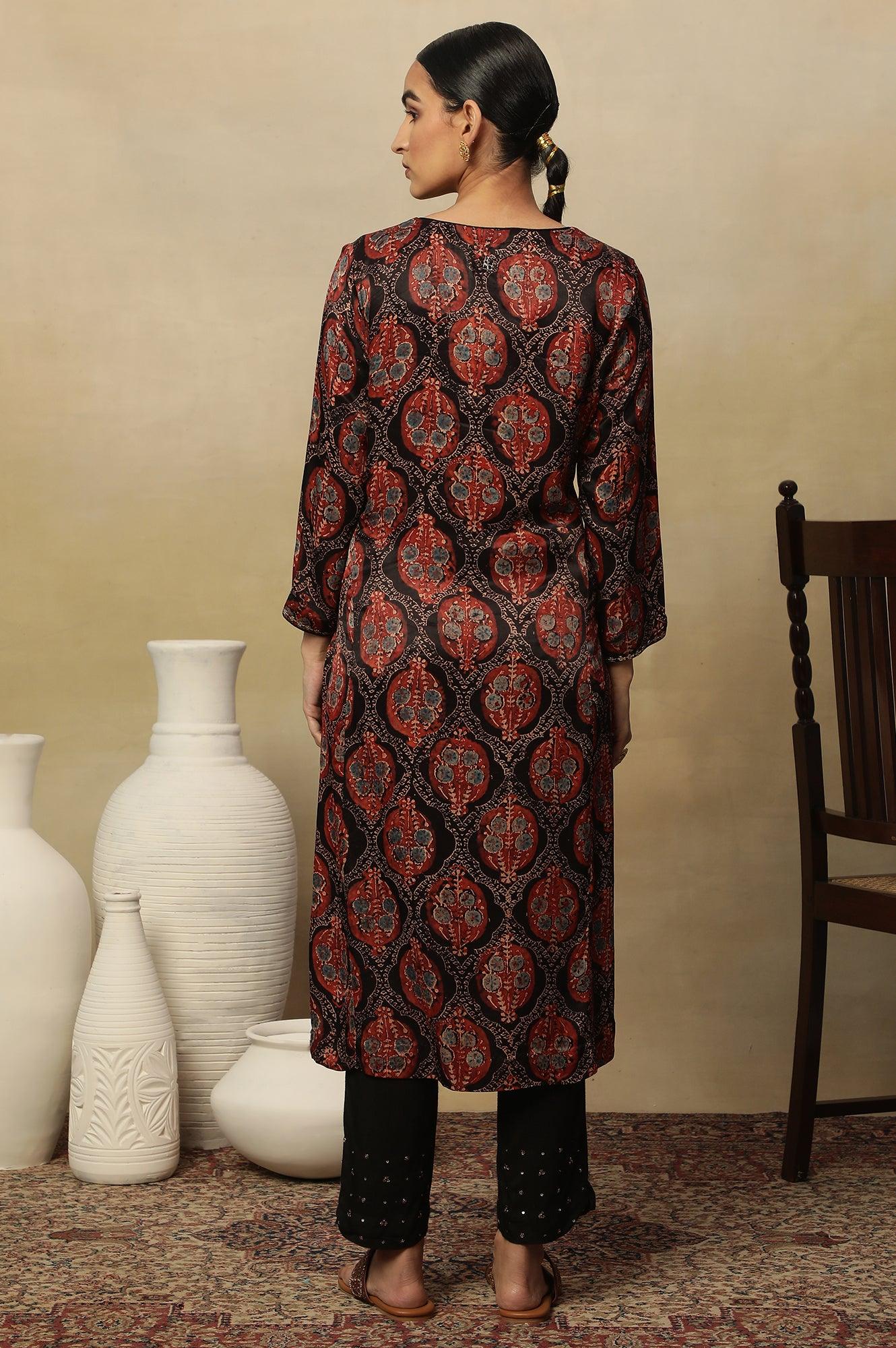 Dark Brown V-Neck Kurta Multi-Coloured Ajrakh Print - Image 4