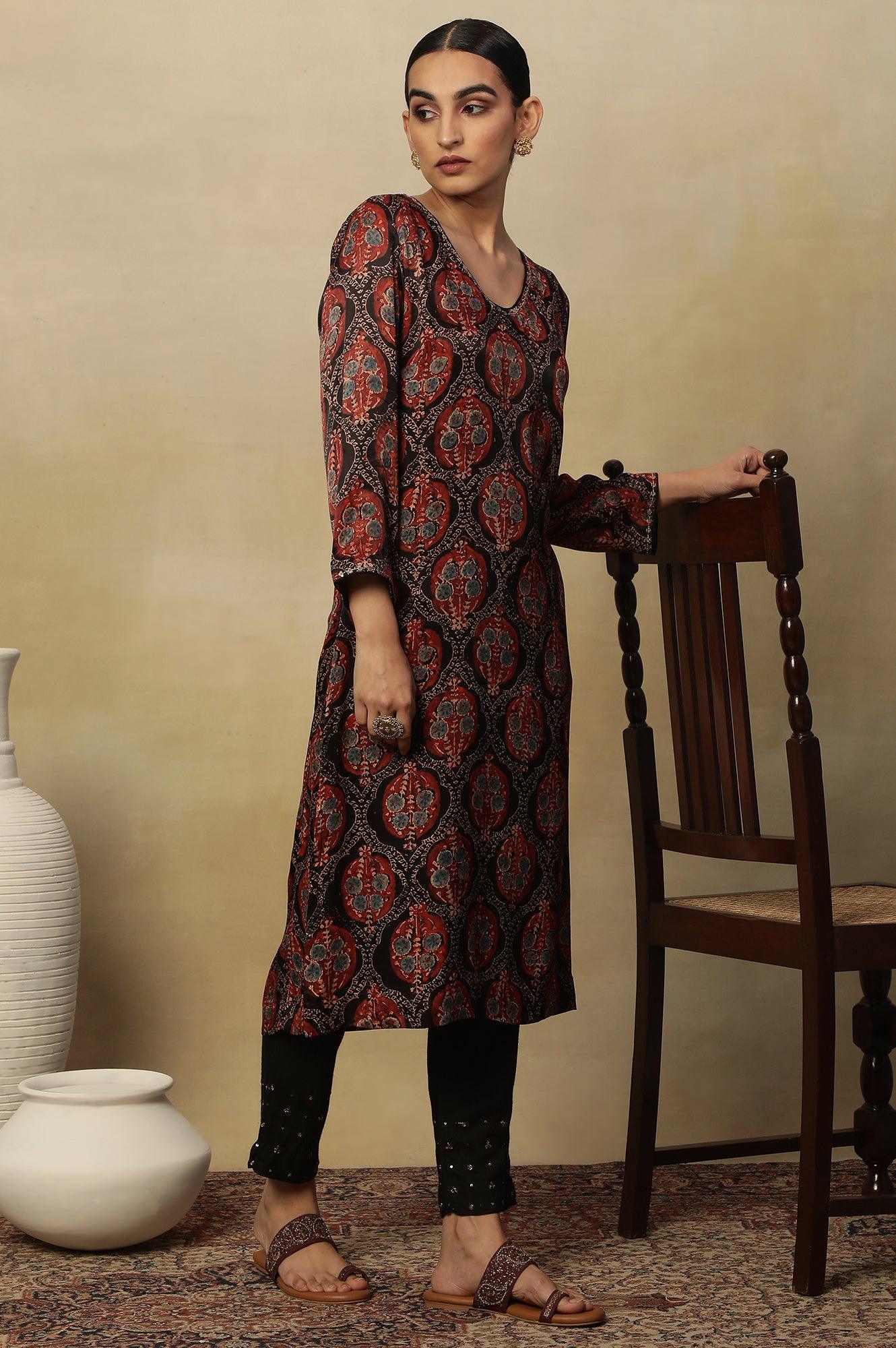 Dark Brown V-Neck Kurta Multi-Coloured Ajrakh Print - Image 5