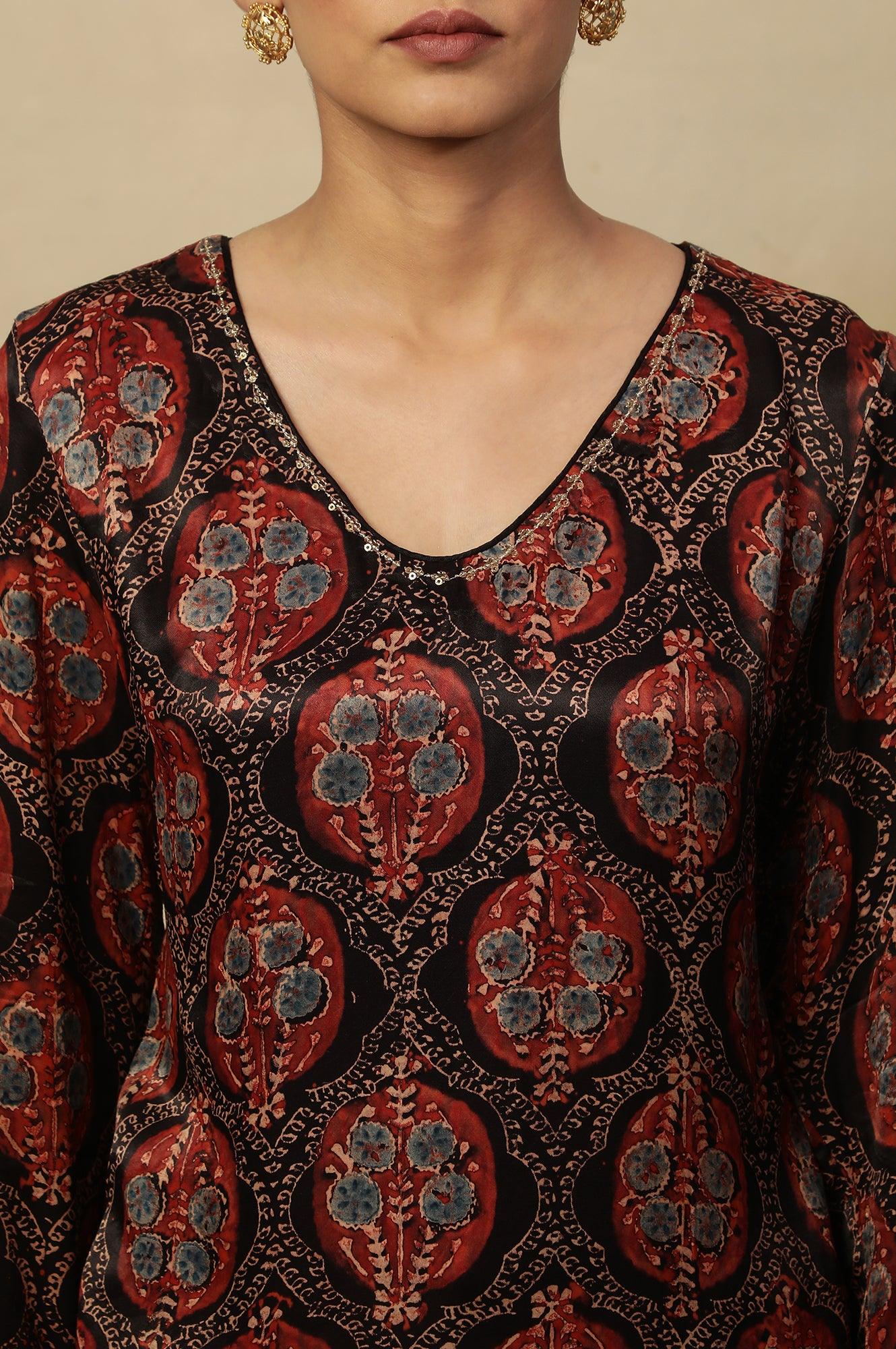 Dark Brown V-Neck Kurta Multi-Coloured Ajrakh Print - Image 7