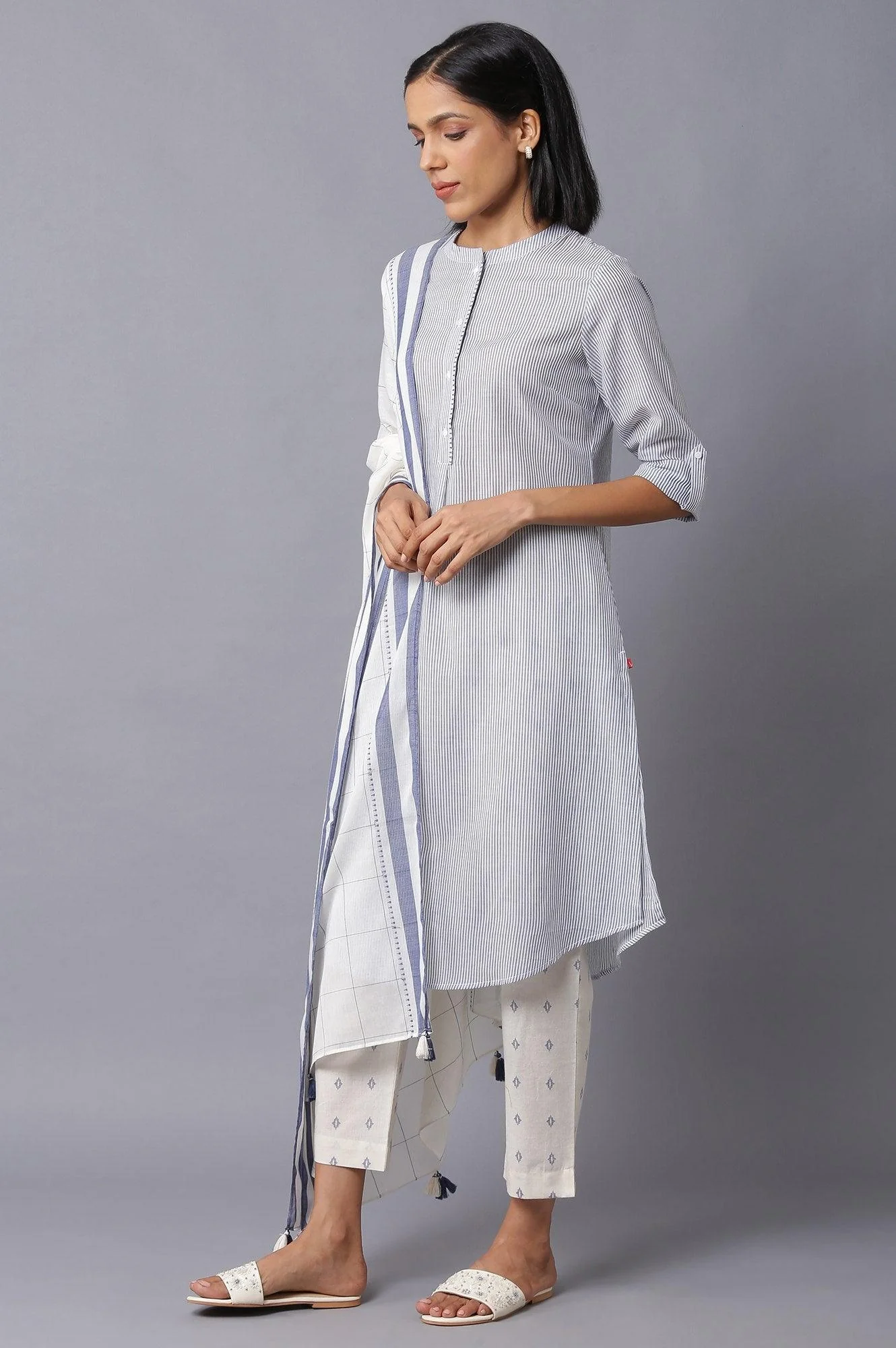 Dark Chambray Blue, Ecru Stripe Slim Pants And Dupatta Set - Image 3