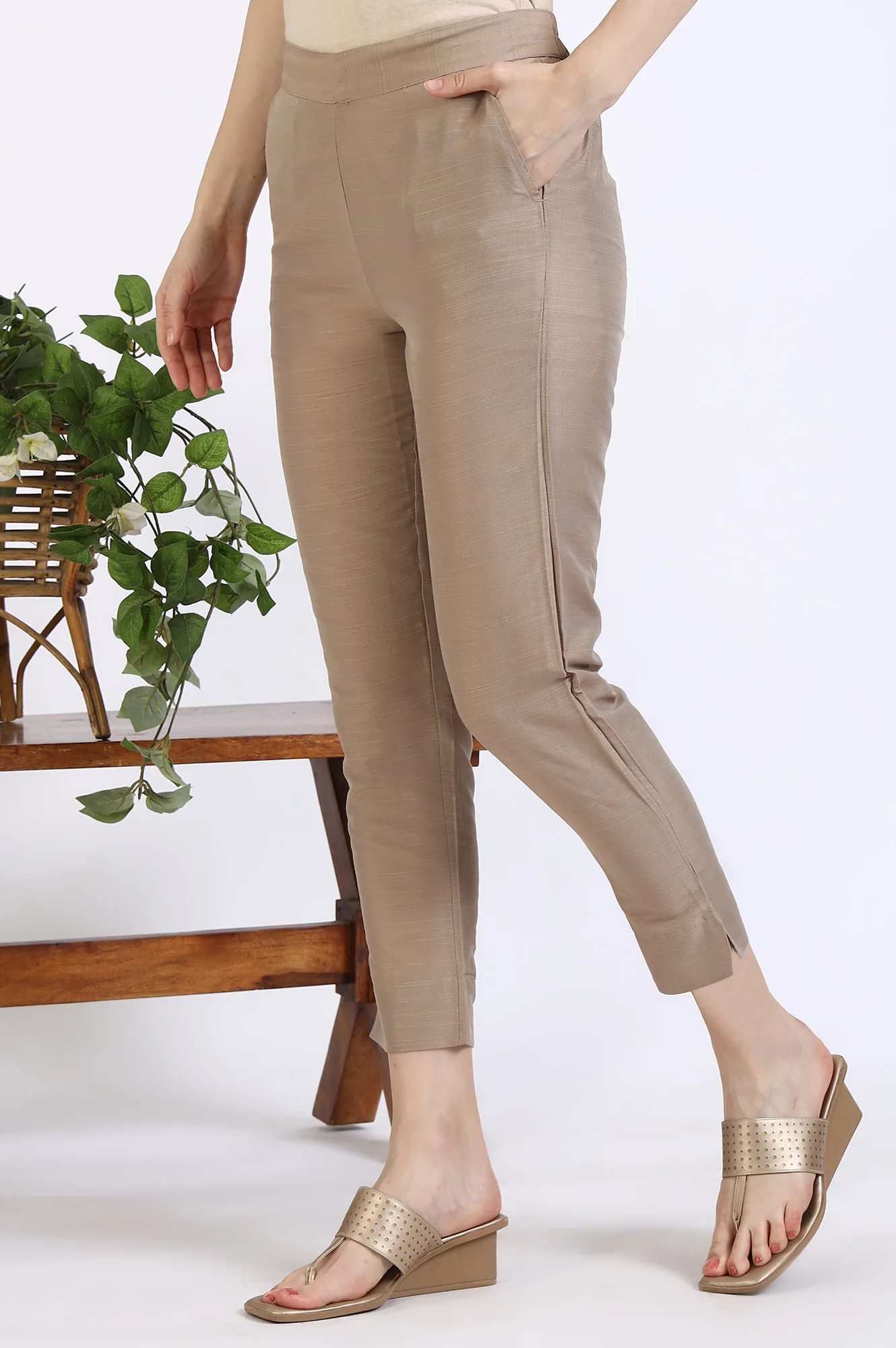 Elleven Women's Dark Gold Solid Yarn Dyed Trousers - Image 2