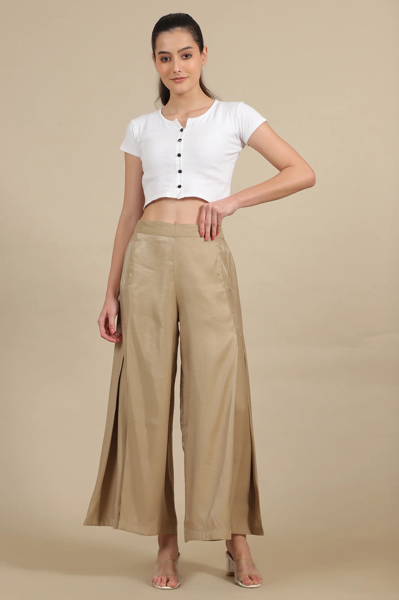 Elleven Women's Gold Solid Flared Rayon Palazzo With Pleated Detail - Image 5
