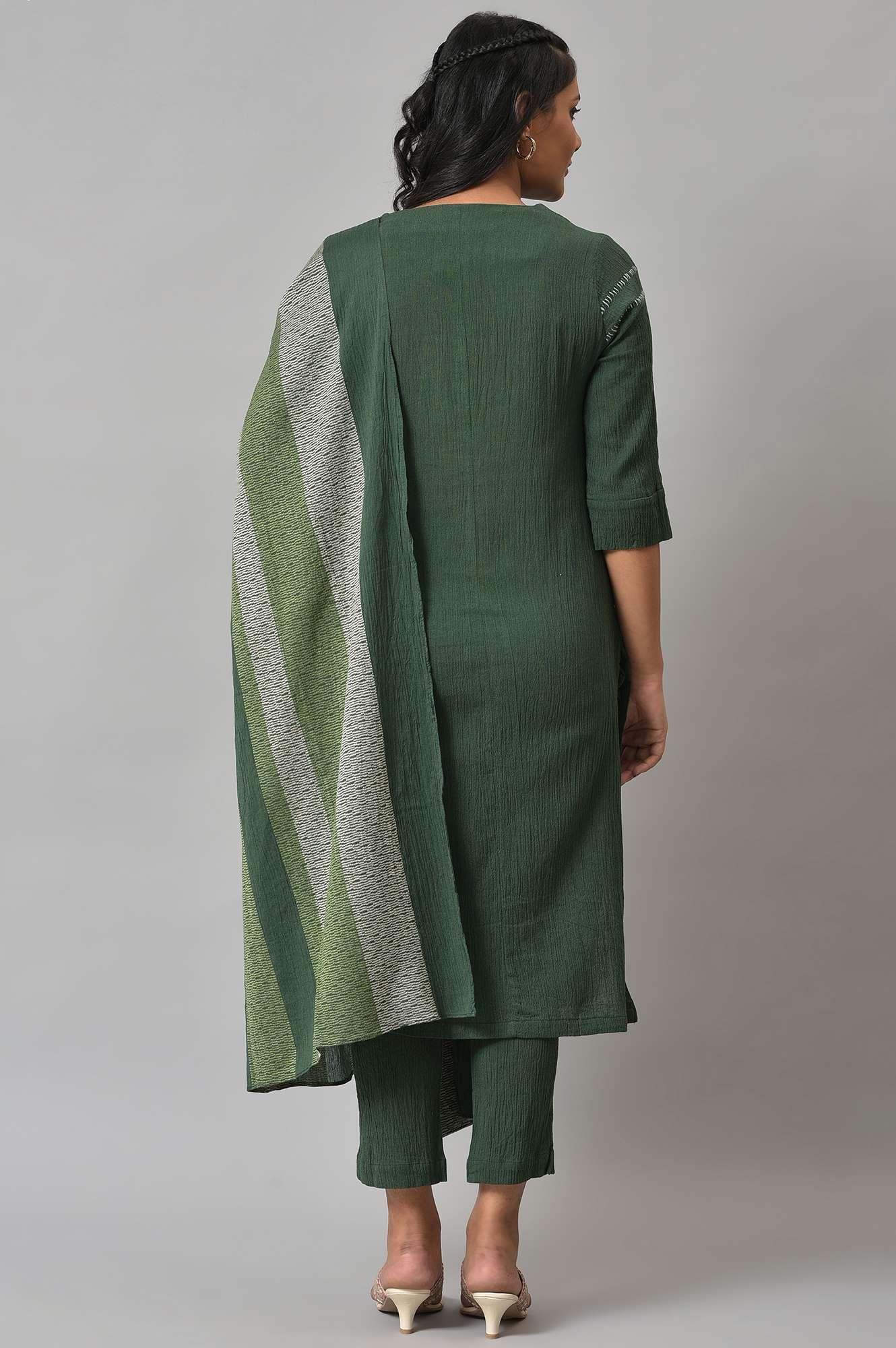 Dark Green 2-Tone Cotton kurta With Slim Pants And Dupatta - Image 2