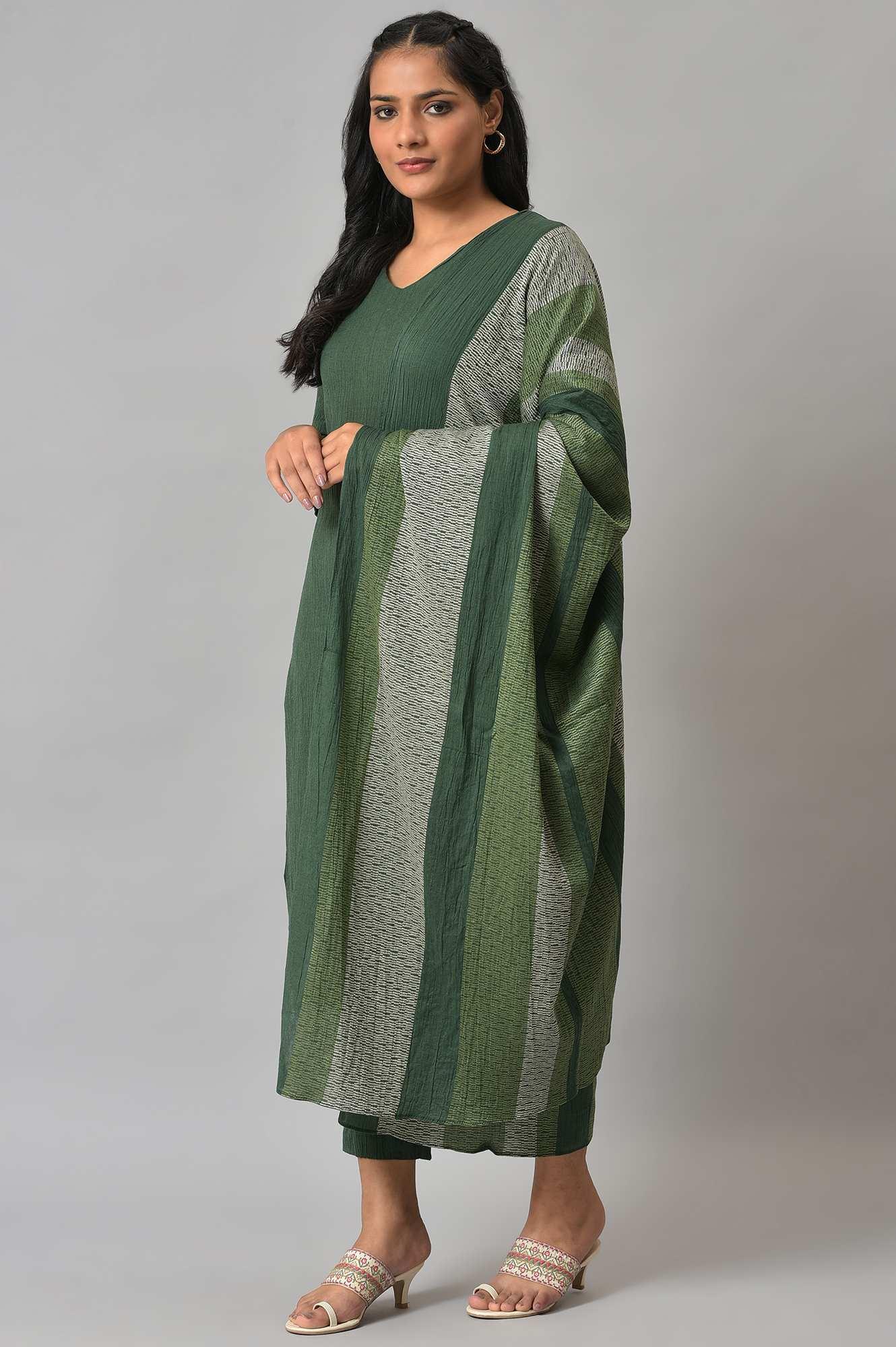 Dark Green 2-Tone Cotton kurta With Slim Pants And Dupatta - Image 3