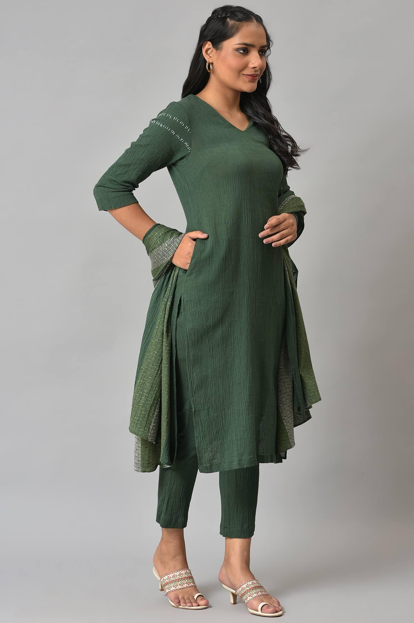 Dark Green 2-Tone Cotton kurta With Slim Pants And Dupatta - Image 4