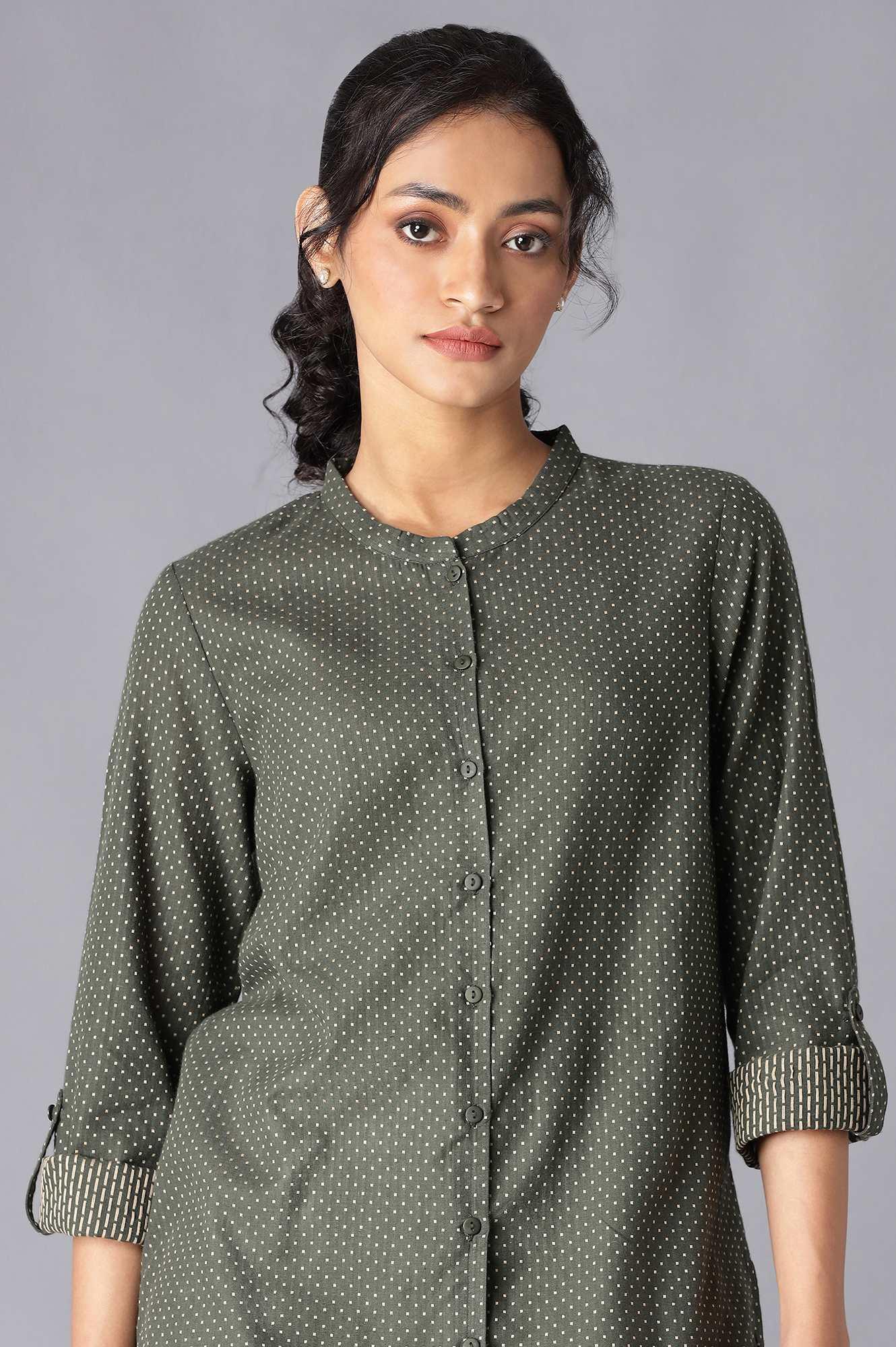 Dark Green Cotton Dobby Textured Shirt - Image 5