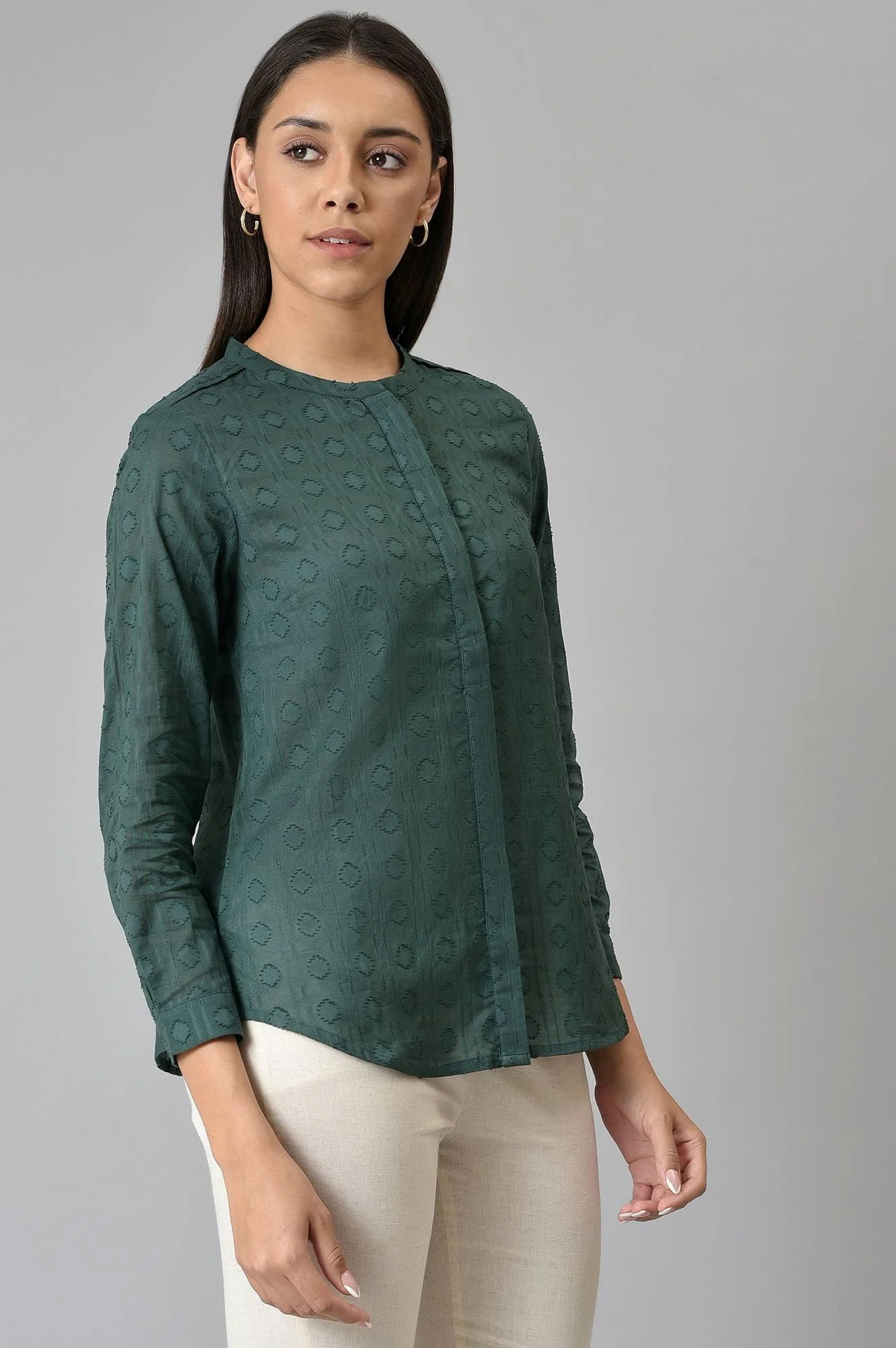 Dark Green Cotton Dobby Textured Shirt In Mandarin Collar - Image 4