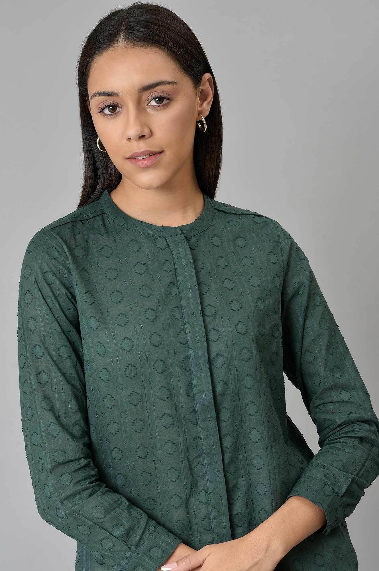 Dark Green Cotton Dobby Textured Shirt In Mandarin Collar - Image 6