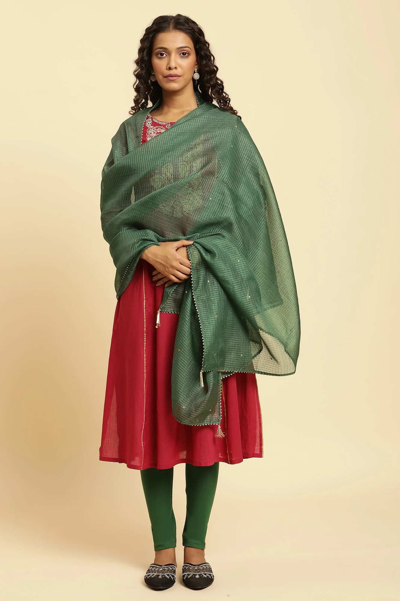 Dark Green Embellished Kota Dupatta with Gota - Image 2