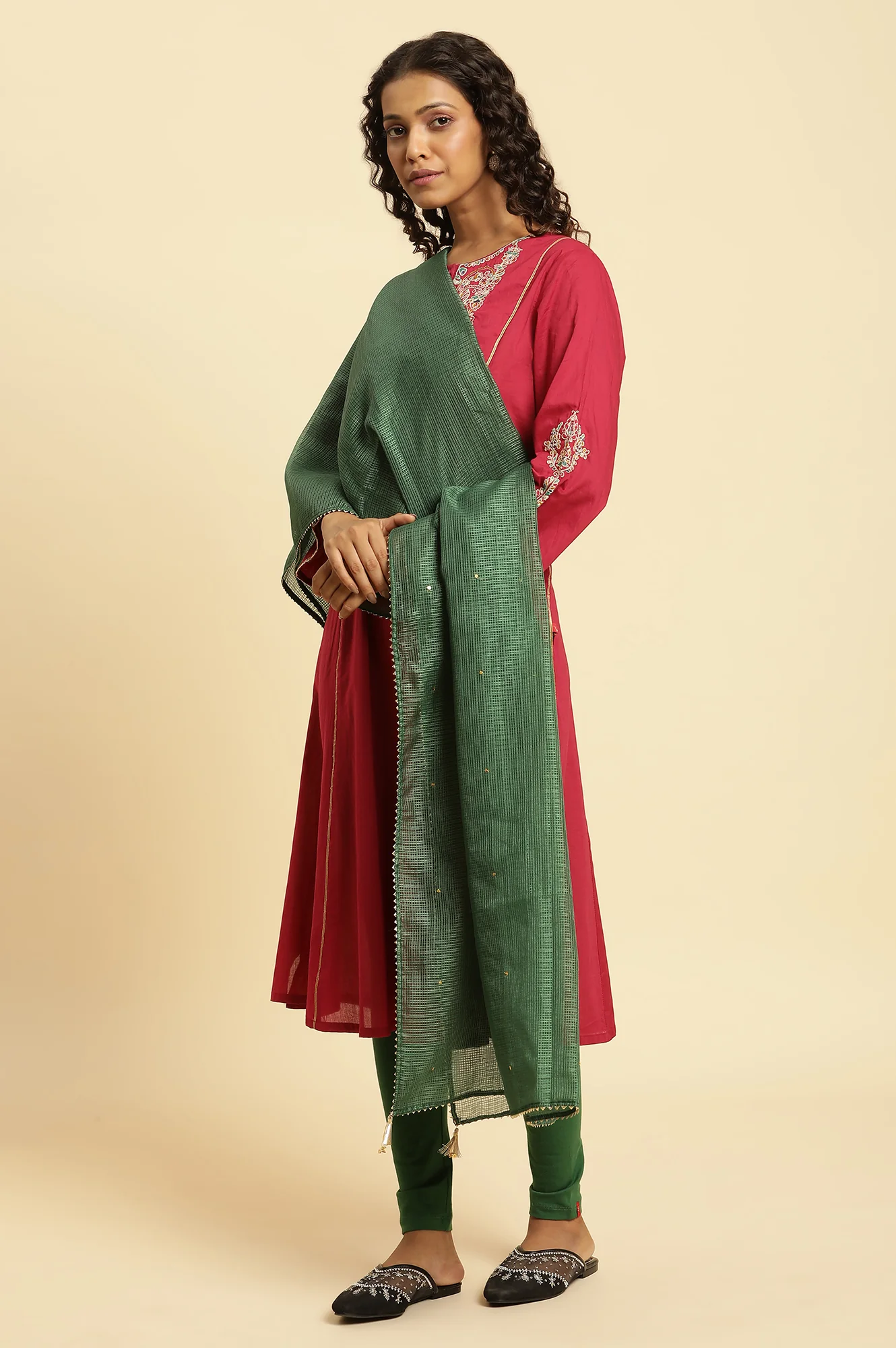 Dark Green Embellished Kota Dupatta with Gota - Image 3