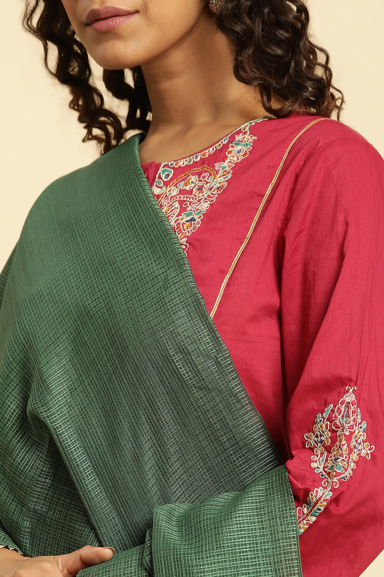 Dark Green Embellished Kota Dupatta with Gota - Image 4