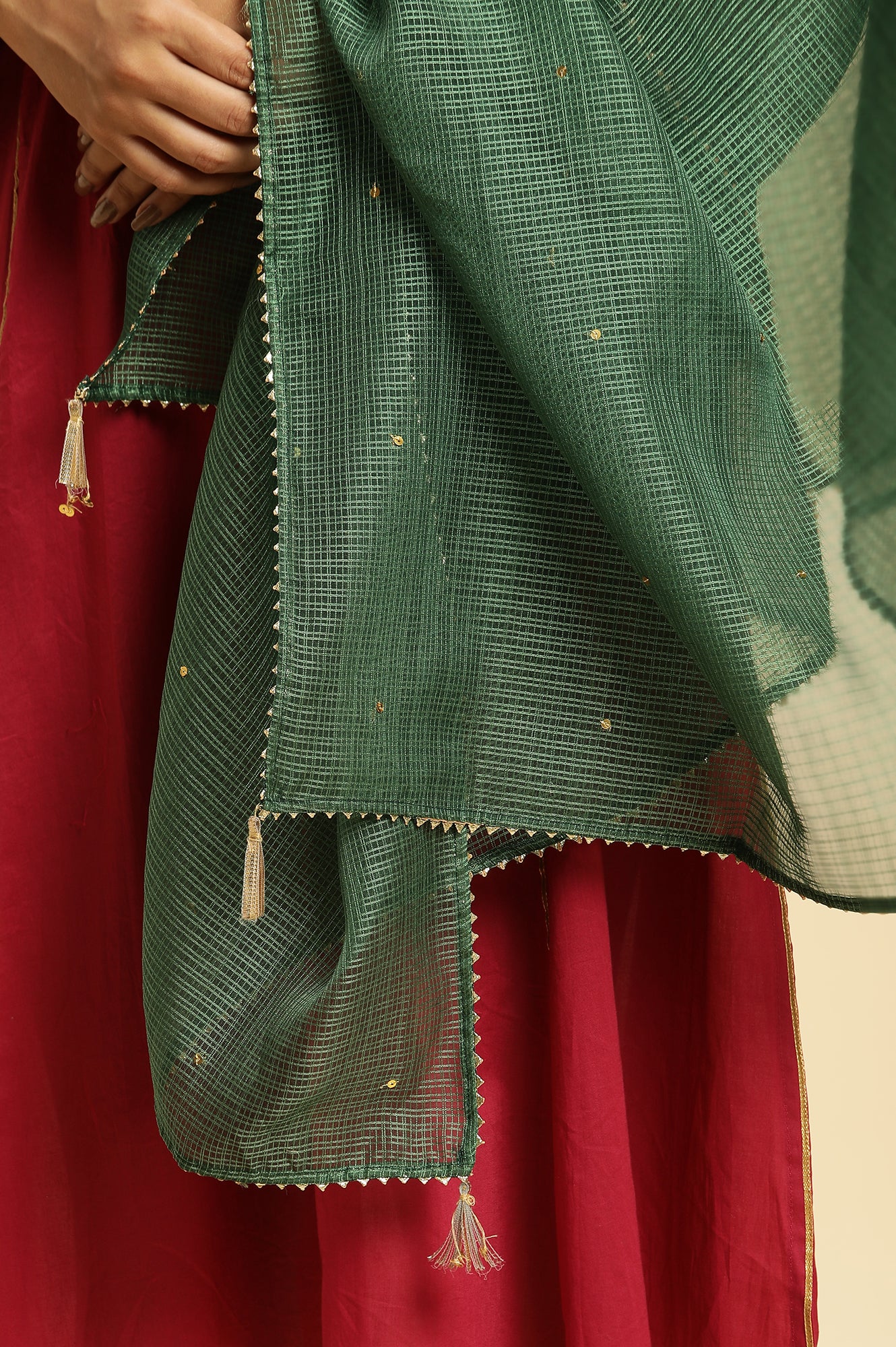 Dark Green Embellished Kota Dupatta with Gota - Image 5