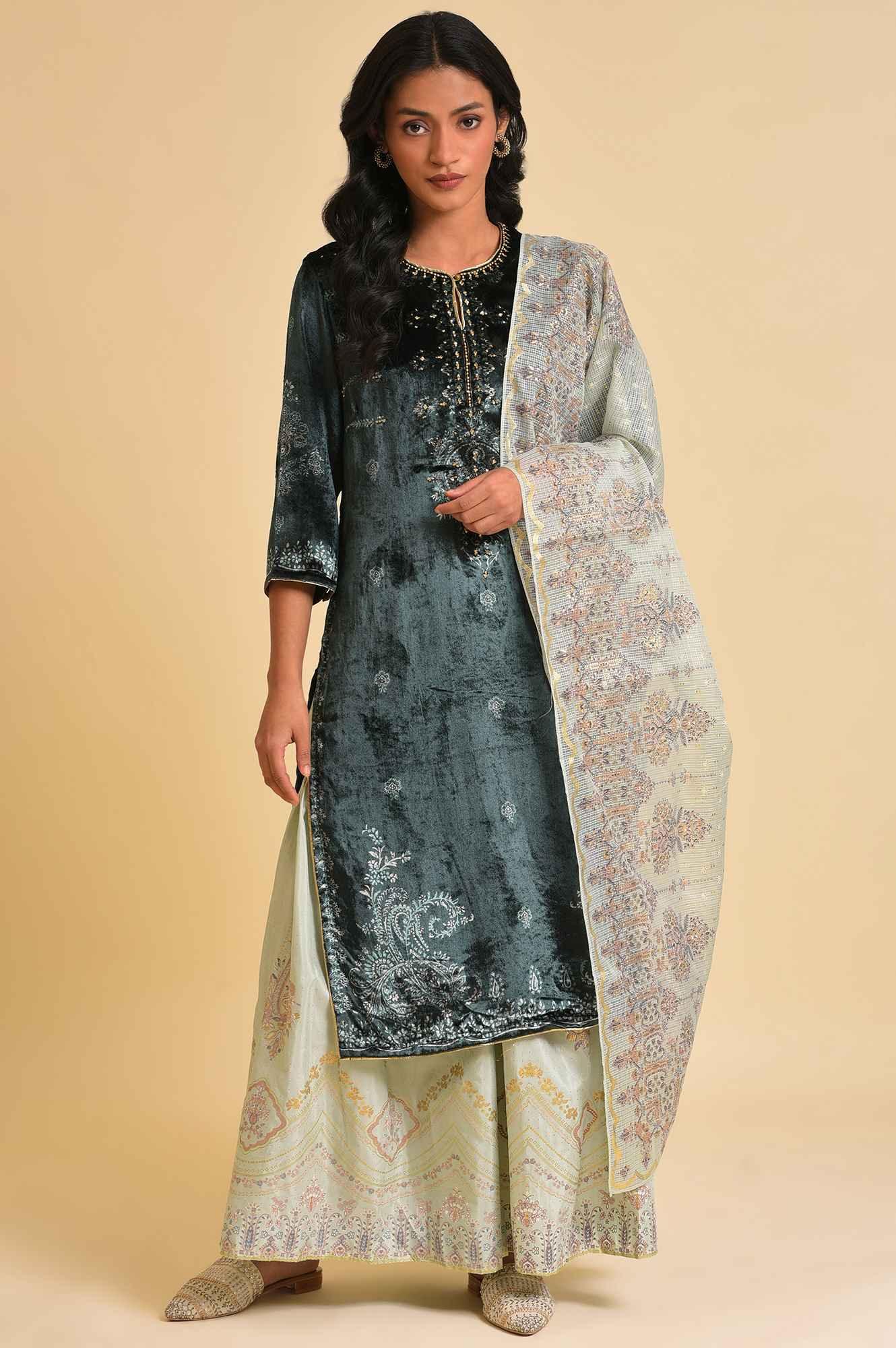 Dark Green Embellished Velvet kurta, Sharara And Dupatta Set - Image 10