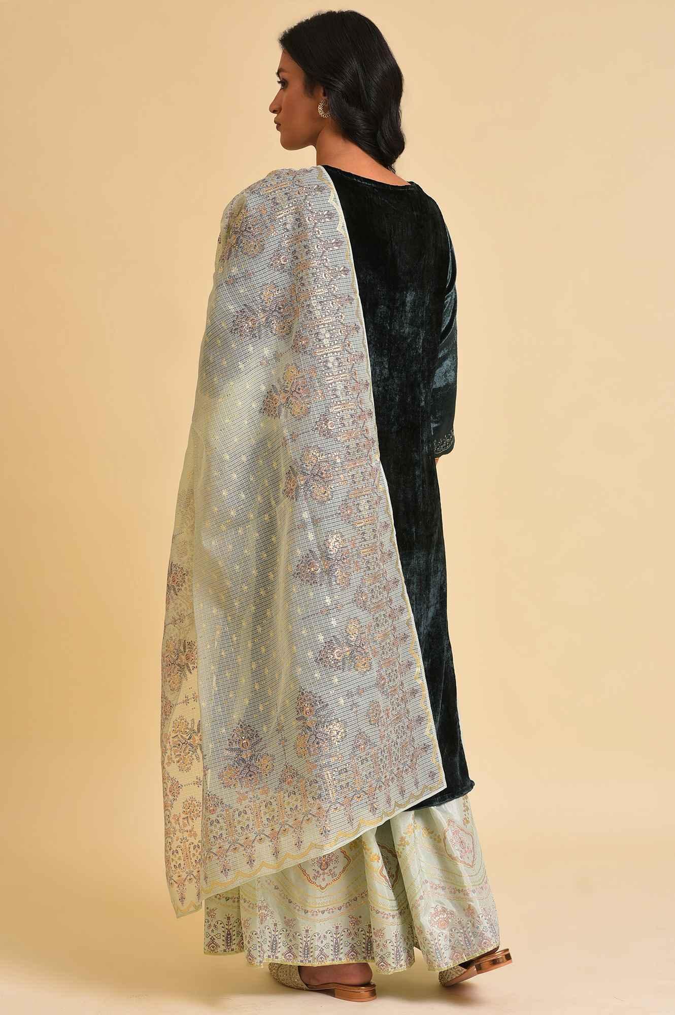Dark Green Embellished Velvet kurta, Sharara And Dupatta Set - Image 2
