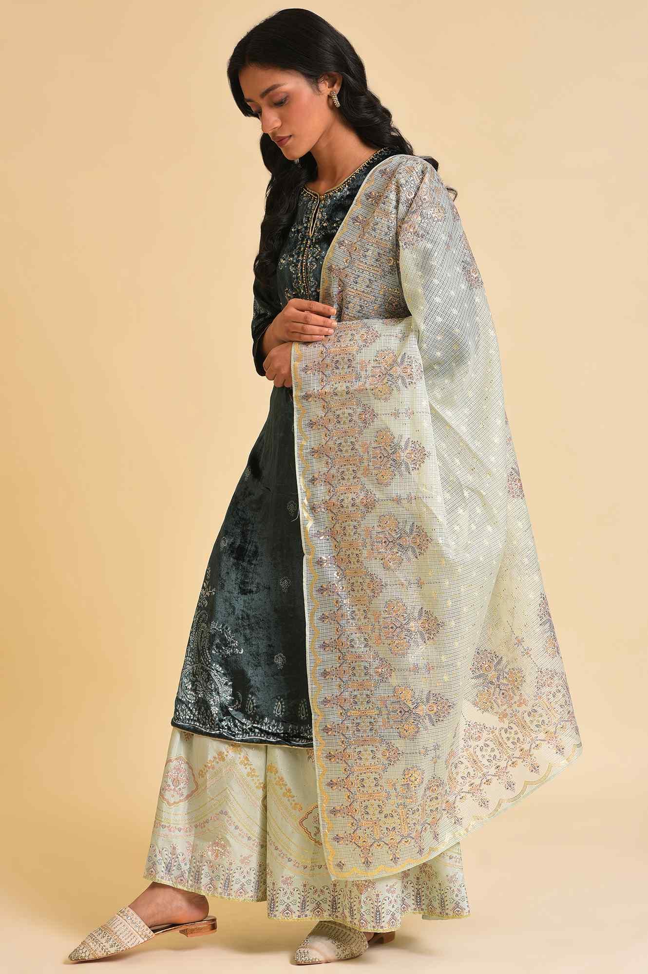 Dark Green Embellished Velvet kurta, Sharara And Dupatta Set - Image 3