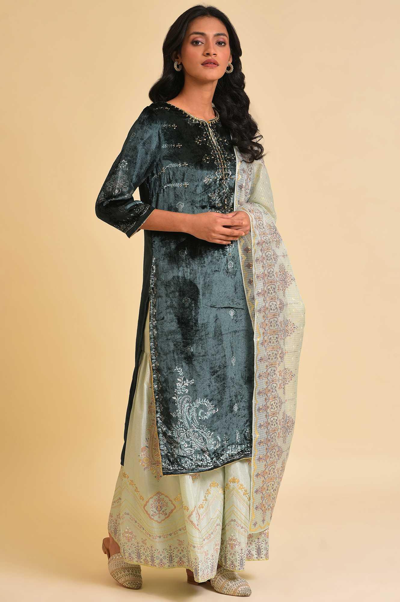 Dark Green Embellished Velvet kurta, Sharara And Dupatta Set - Image 4