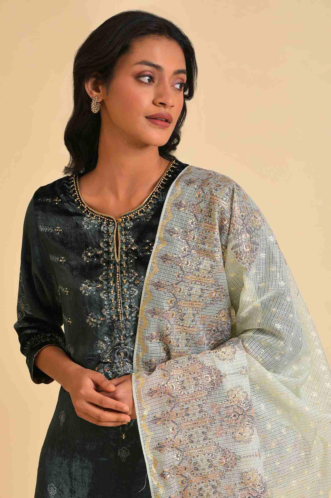Dark Green Embellished Velvet kurta, Sharara And Dupatta Set - Image 5