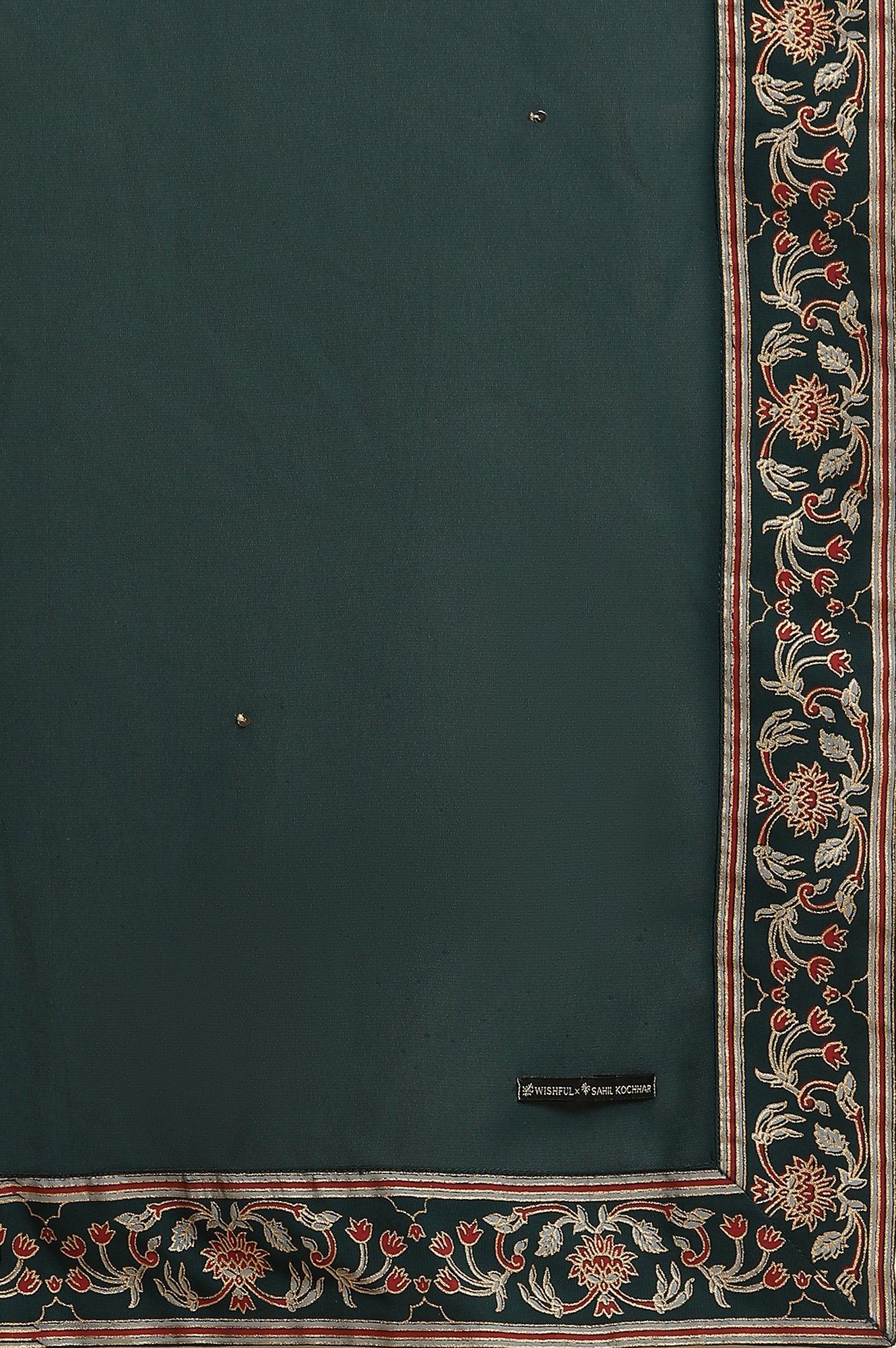 Dark Green Embroidered Festive Kurta, Pant And Dupatta Set - Image 11
