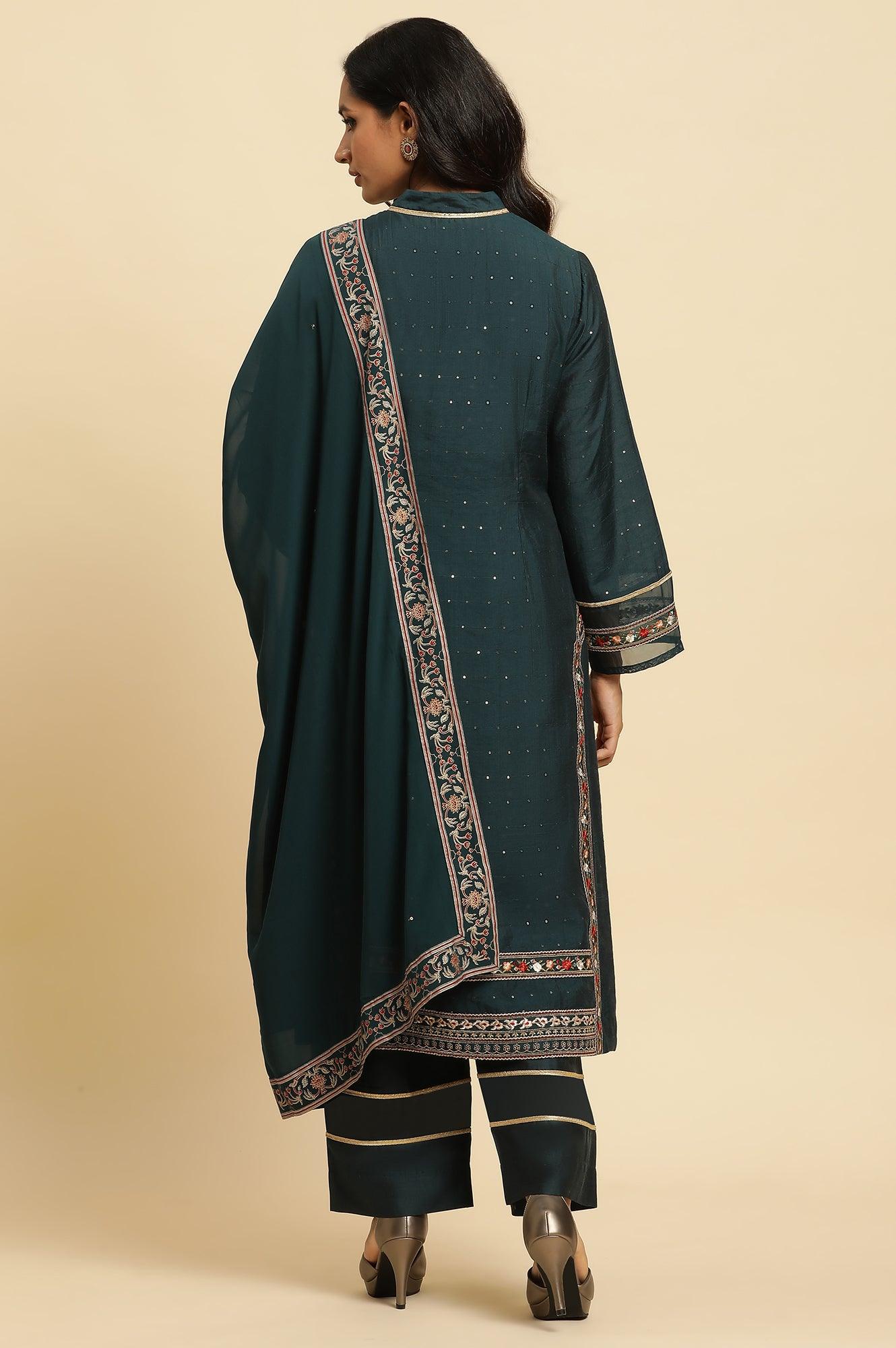 Dark Green Embroidered Festive Kurta, Pant And Dupatta Set - Image 4