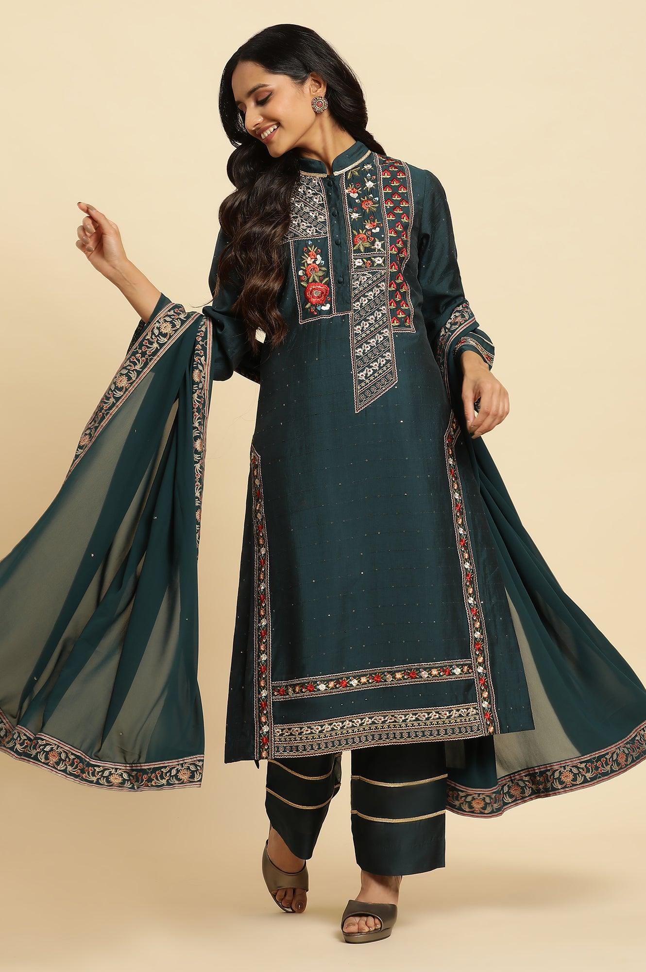 Dark Green Embroidered Festive Kurta, Pant And Dupatta Set - Image 6