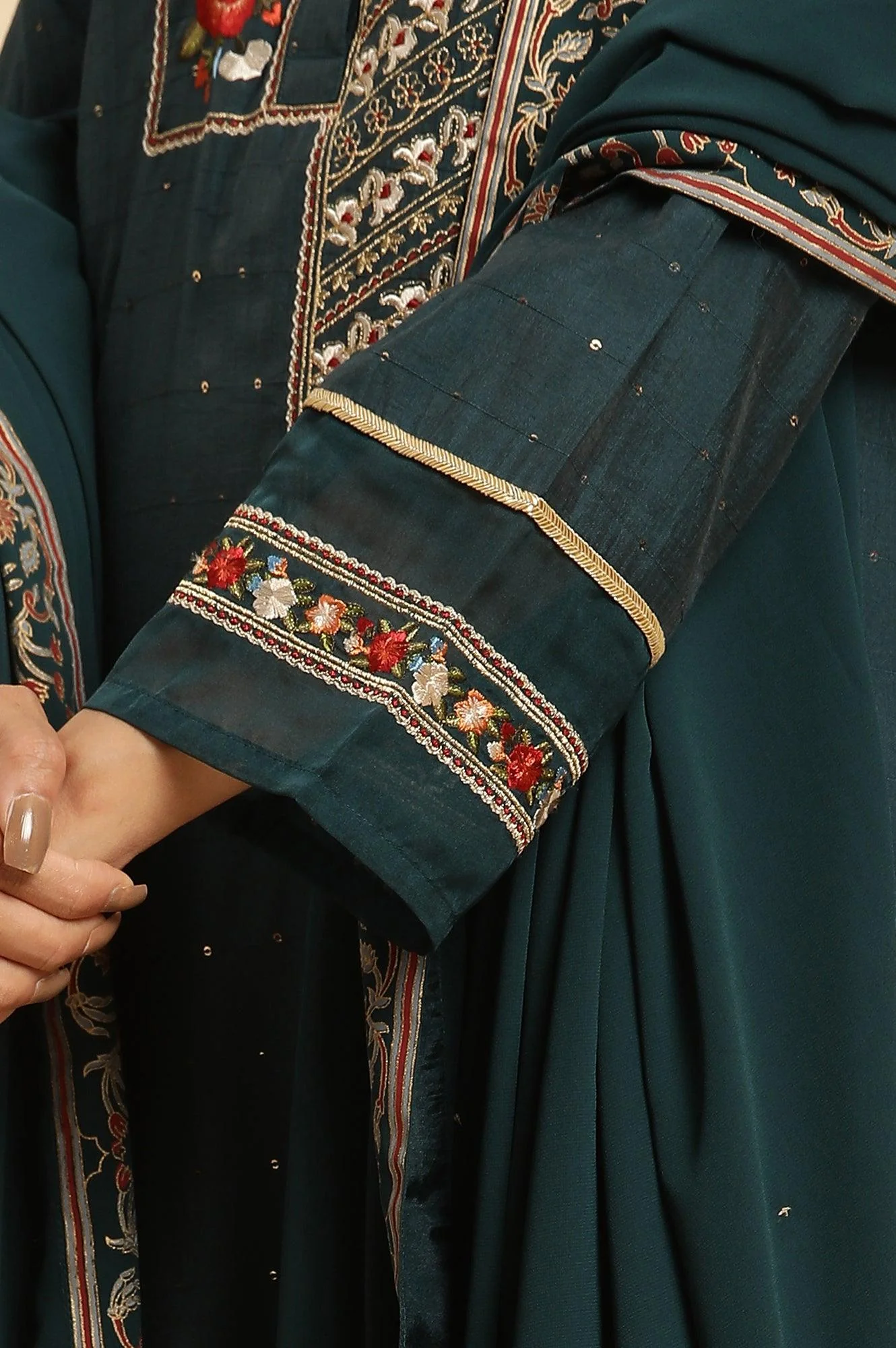 Dark Green Embroidered Festive Kurta, Pant And Dupatta Set - Image 8